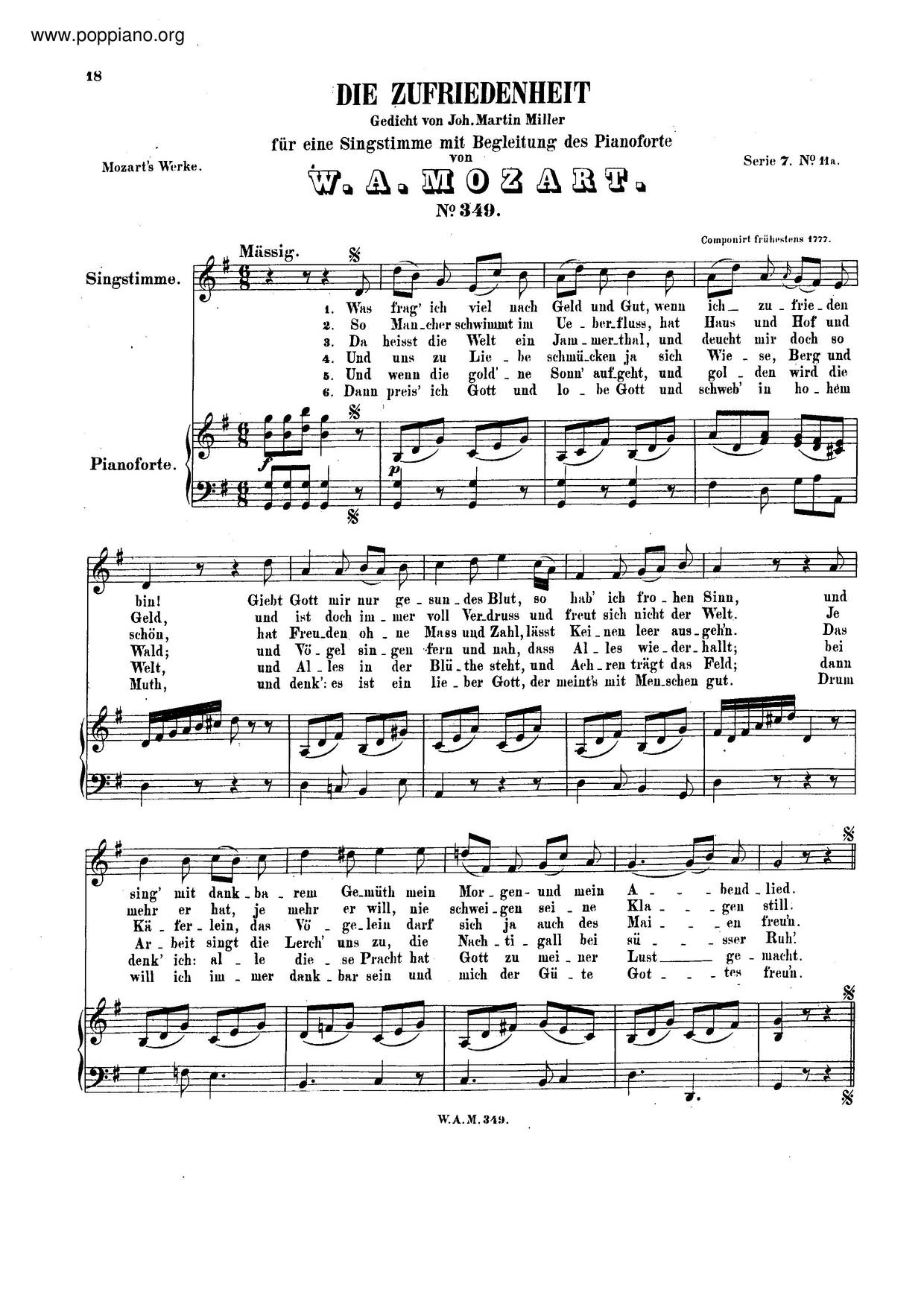 Die Zufriedenheit, K. 349/367Aピアノ譜