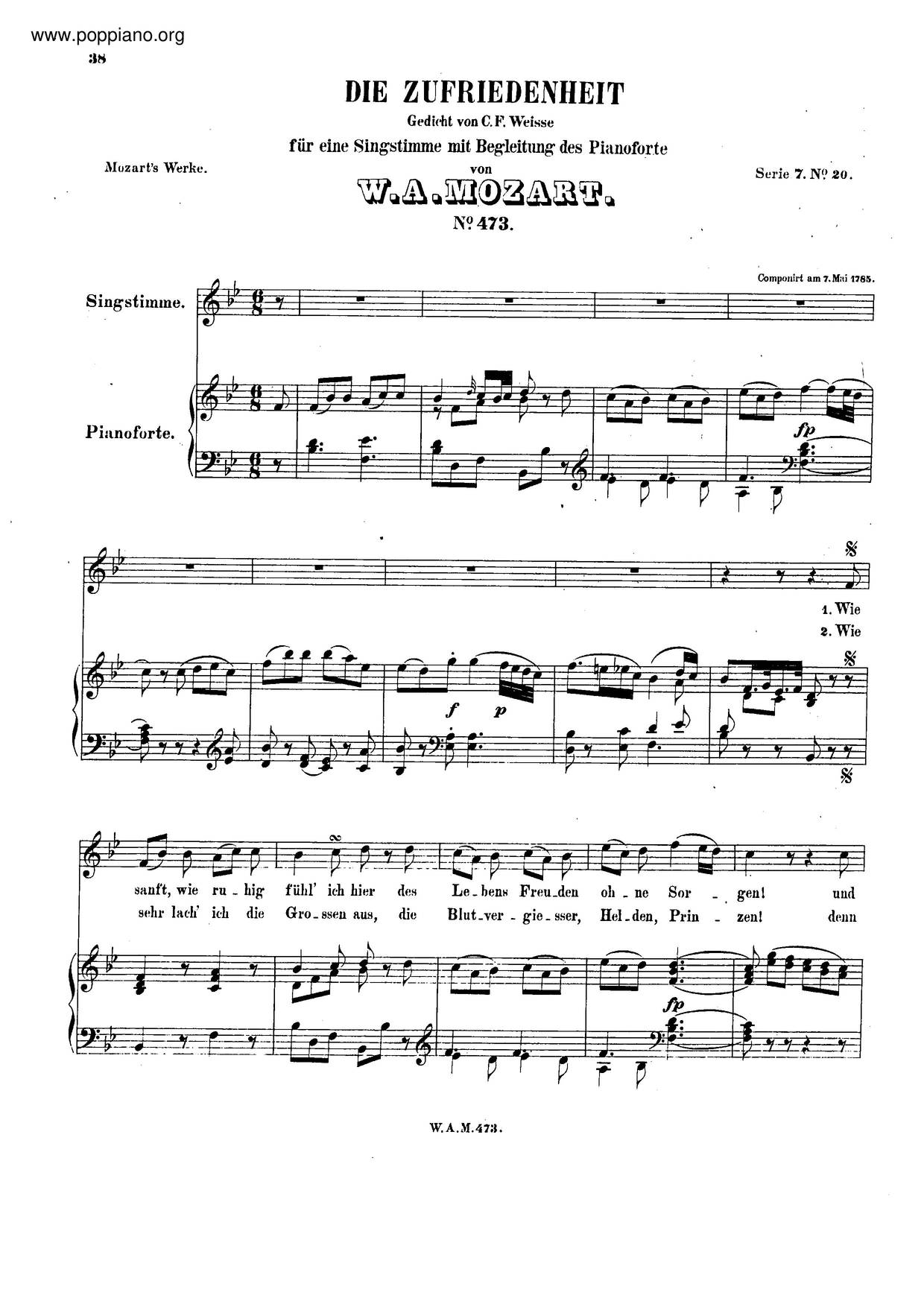 Die Zufriedenheit, K. 473ピアノ譜