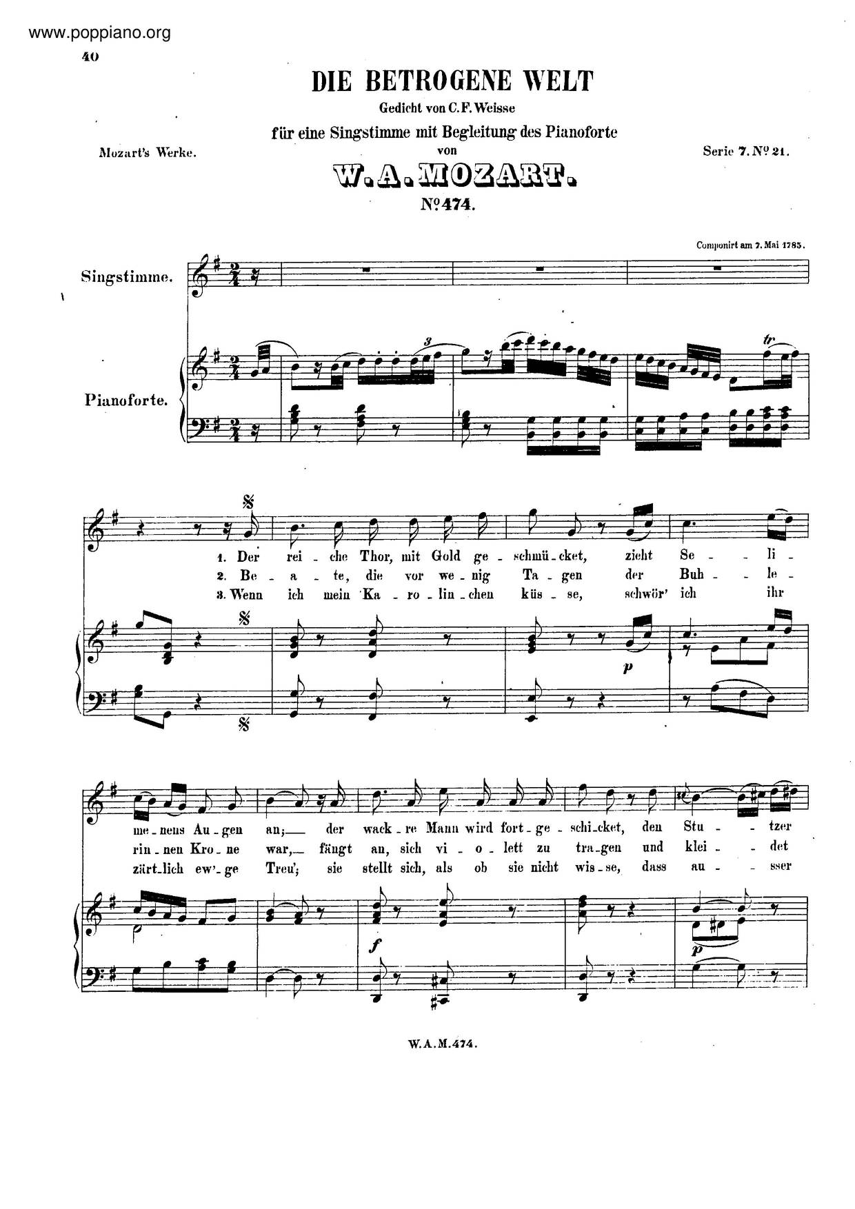 Die Betrogene Welt, K. 474ピアノ譜