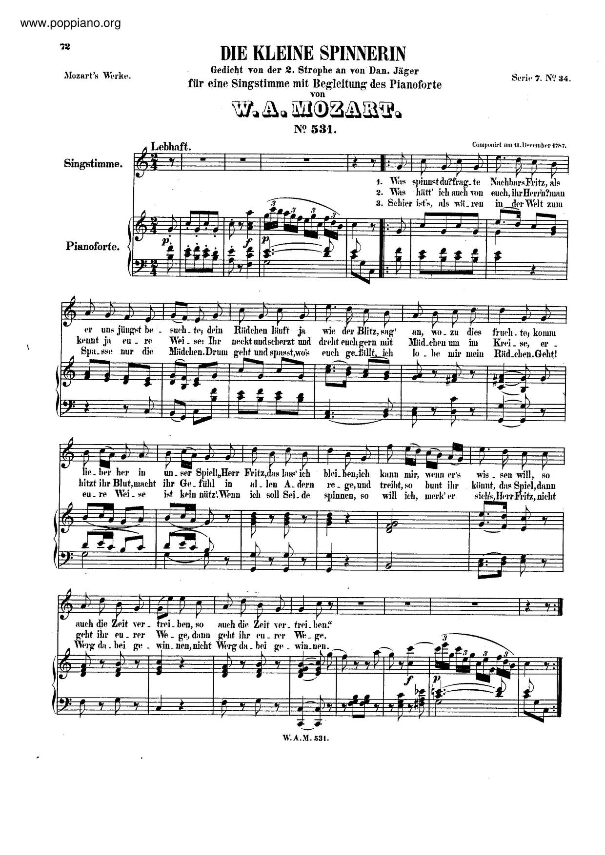 Die Kleine Spinnerin, K. 531ピアノ譜