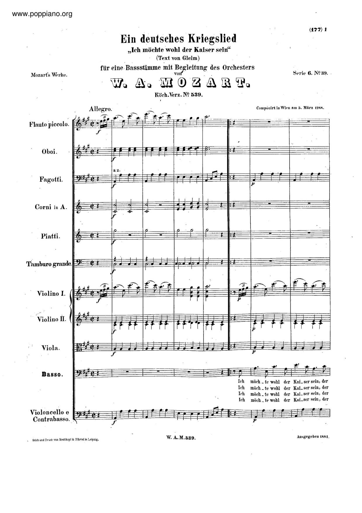 Ein Deutsches Kriegslied, K. 539ピアノ譜