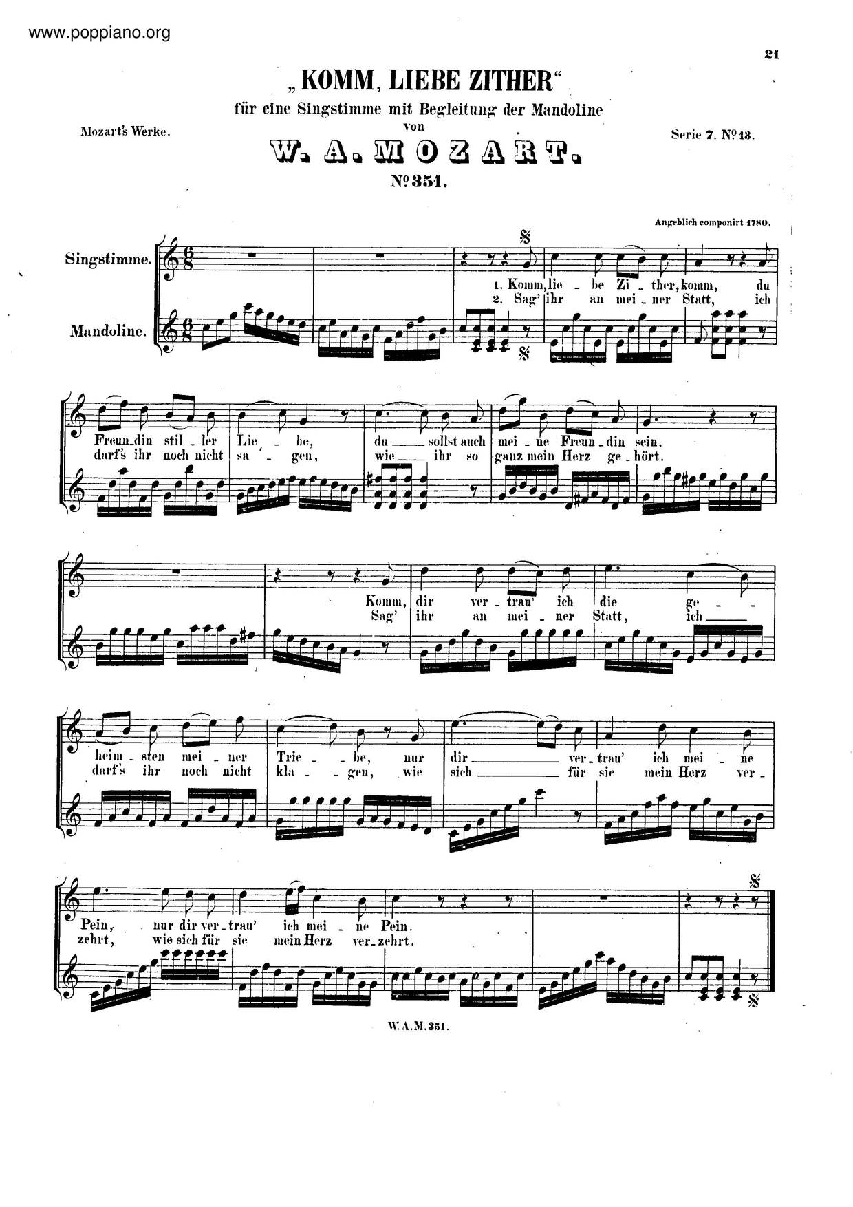 Komm, Liebe Zither Komm, K. 351/367B Score