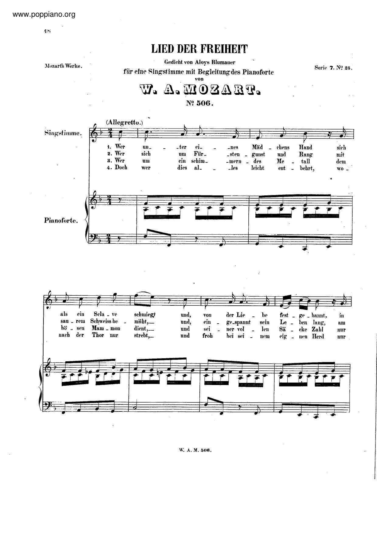 Lied Der Freiheit, K. 506 Score