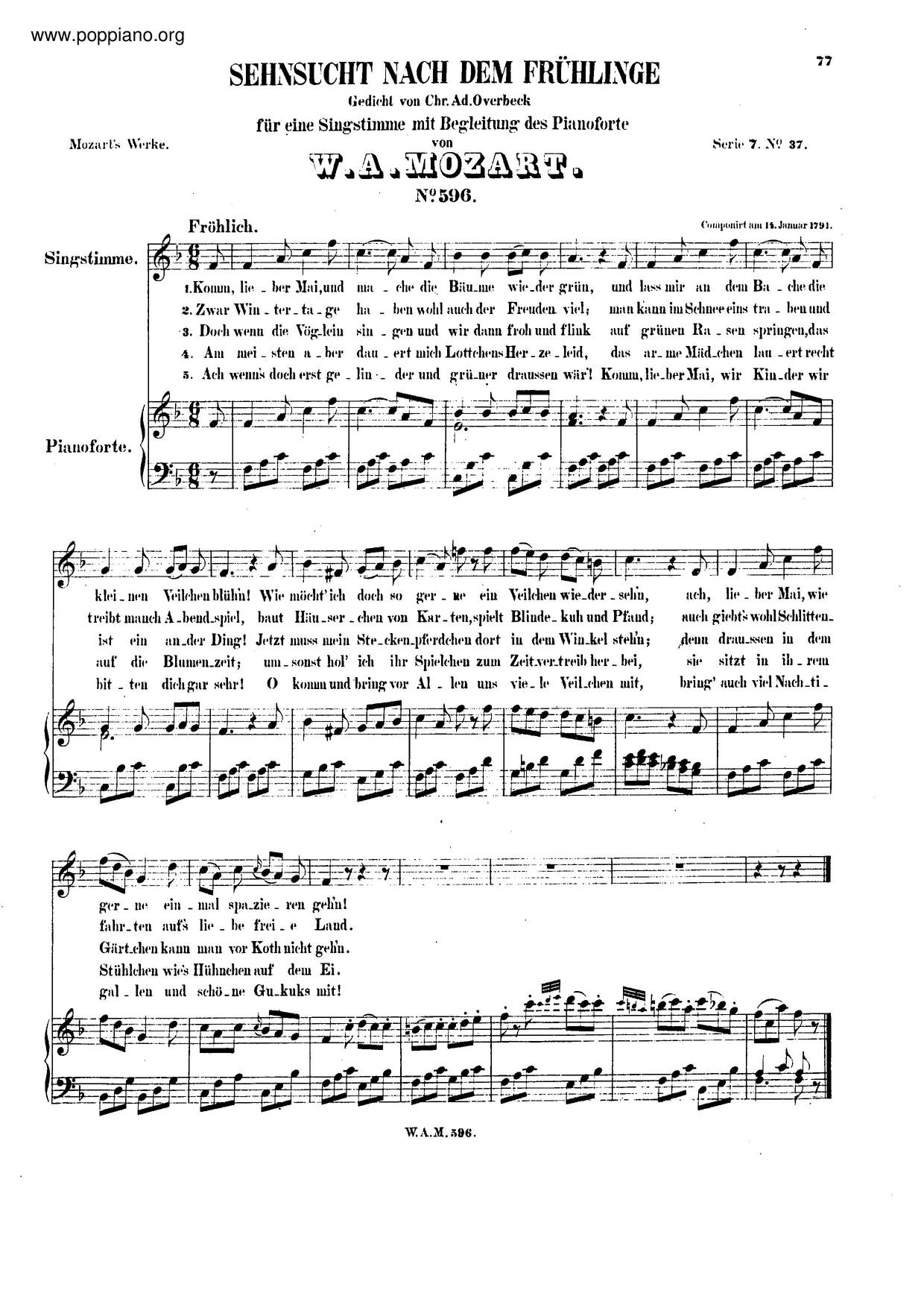 Sehnsucht Nach Dem Frühling, K. 596 Score