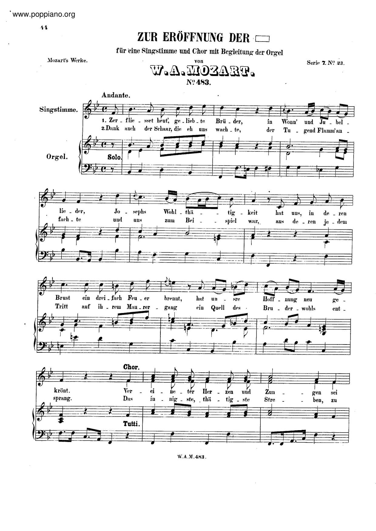 Zerfliesset Heut', Geliebte Brüder, K. 483ピアノ譜