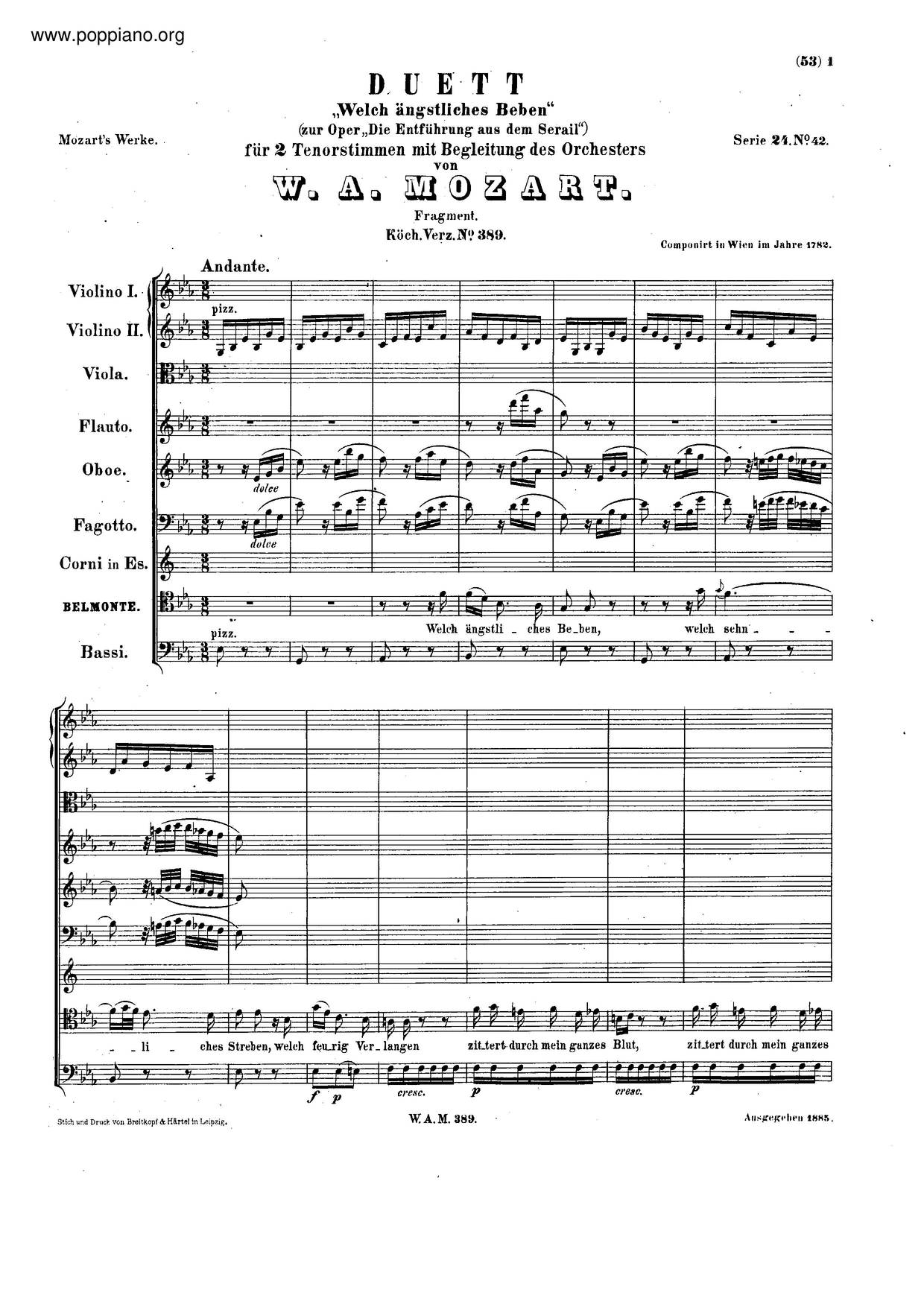 Welch Ängstliches Beben, K. 389/384Aピアノ譜