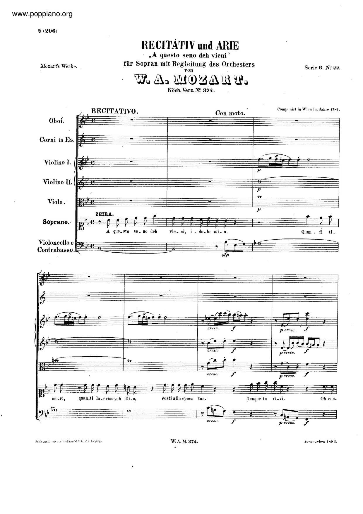 A Questo Seno Deh Vieni, K. 374ピアノ譜