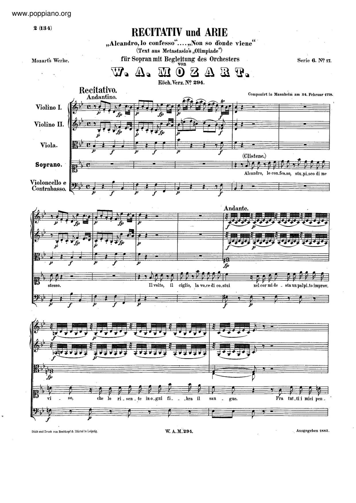 Alcandro, Lo Confesso, K. 294琴谱