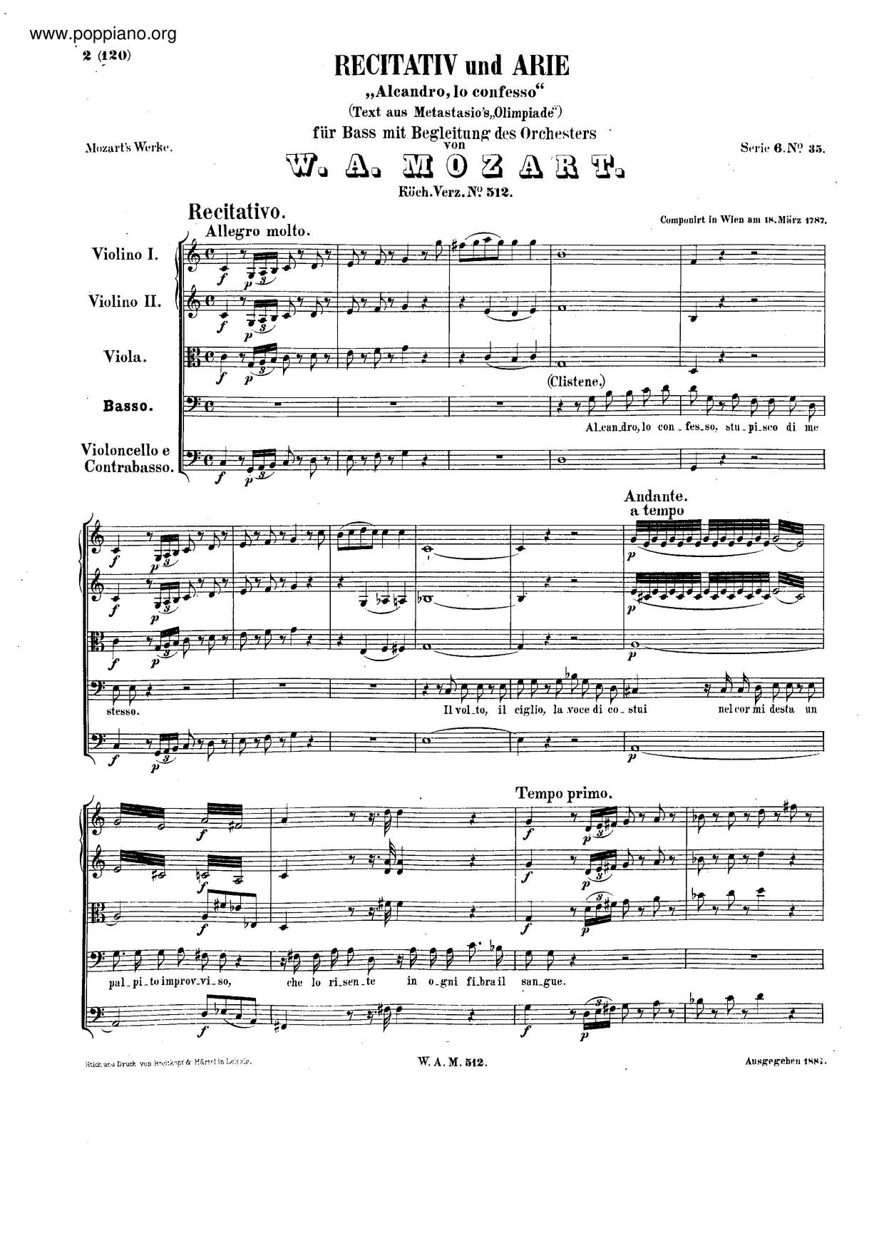 Alcandro, Lo Confesso, K. 512ピアノ譜