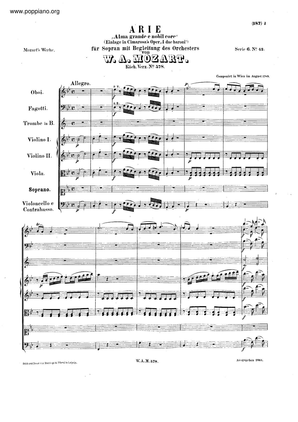 Alma Grande E Nobil Core, K. 578ピアノ譜