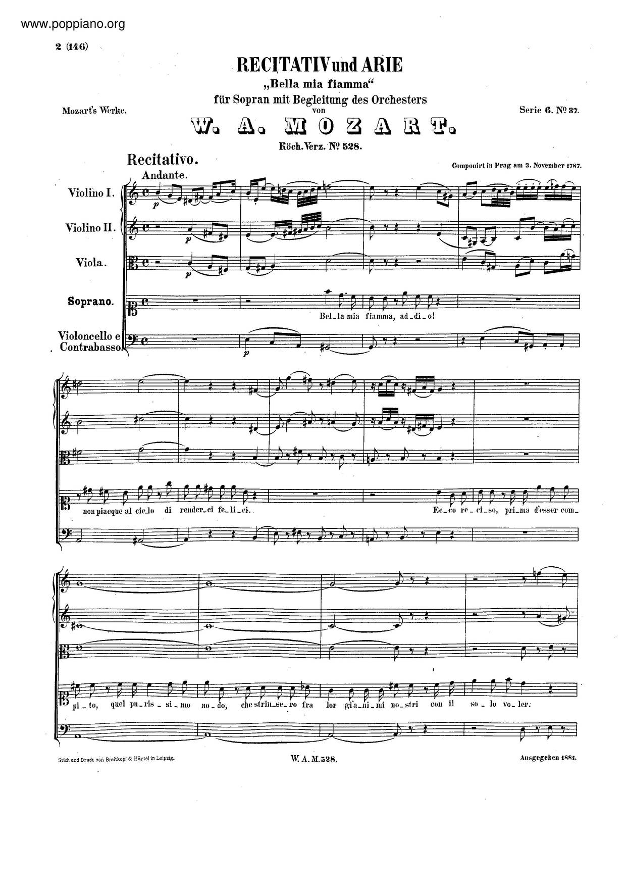 Bella Mia Fiamma, K. 528ピアノ譜