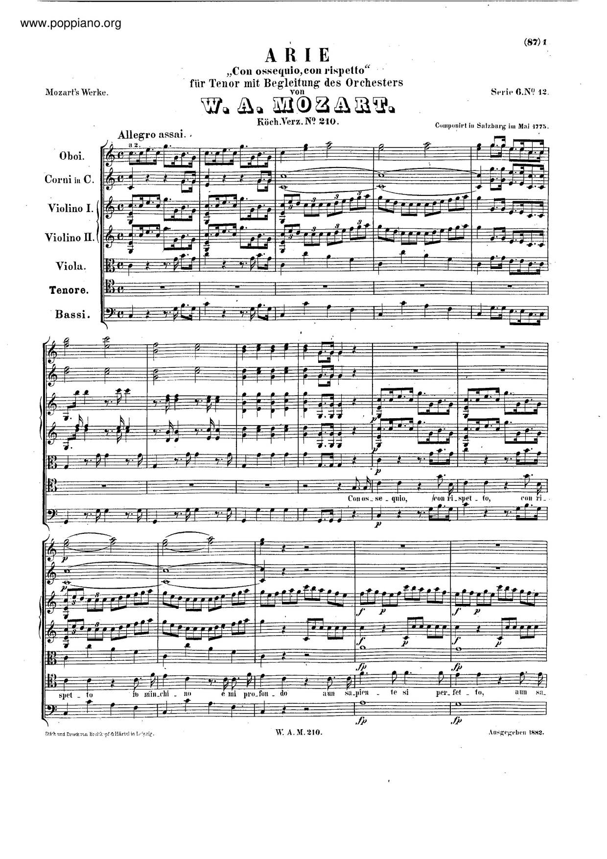 Con Ossequio, Con Rispetto, K. 210ピアノ譜