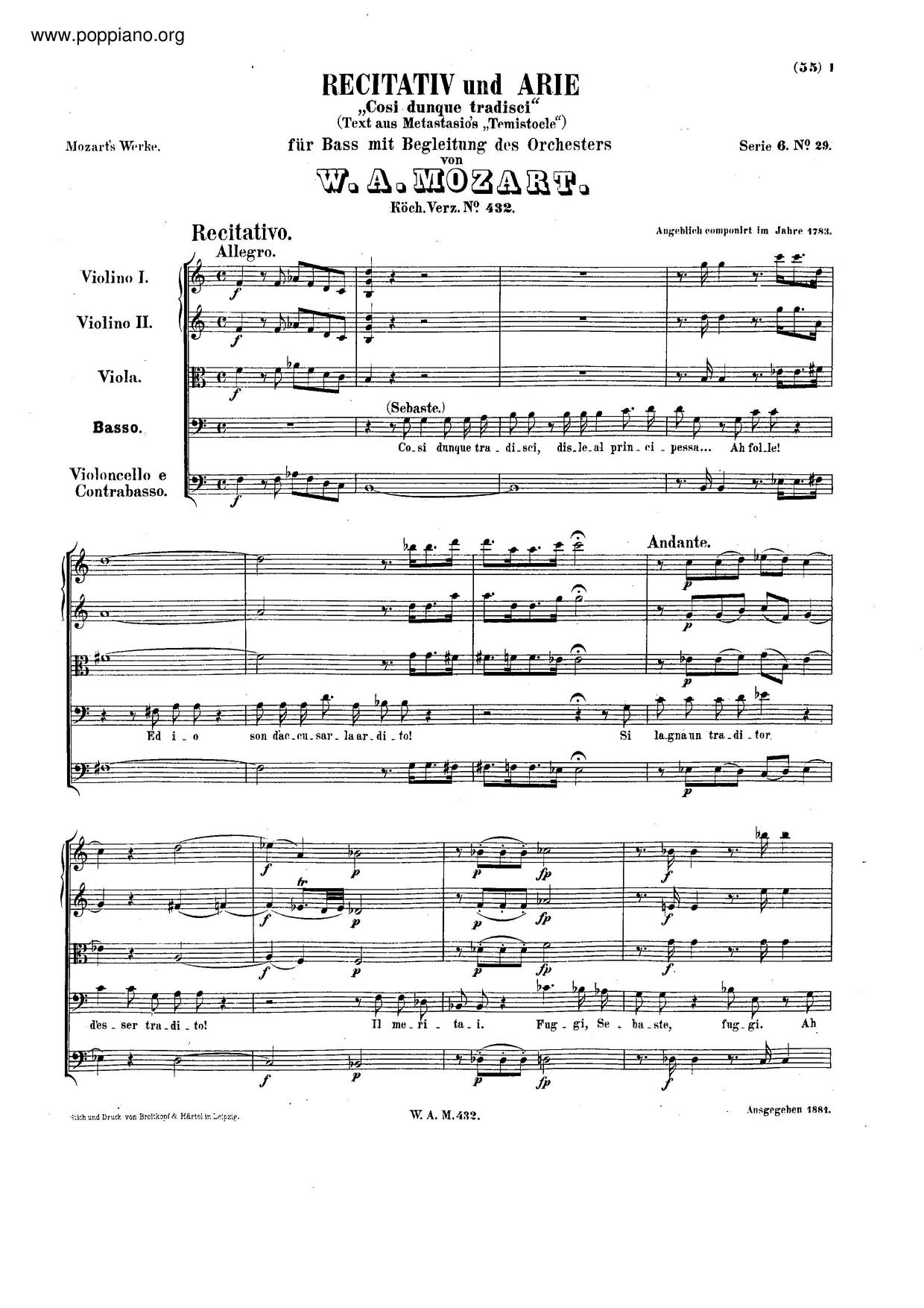 Così Dunque Tradisci, K. 432/421Aピアノ譜