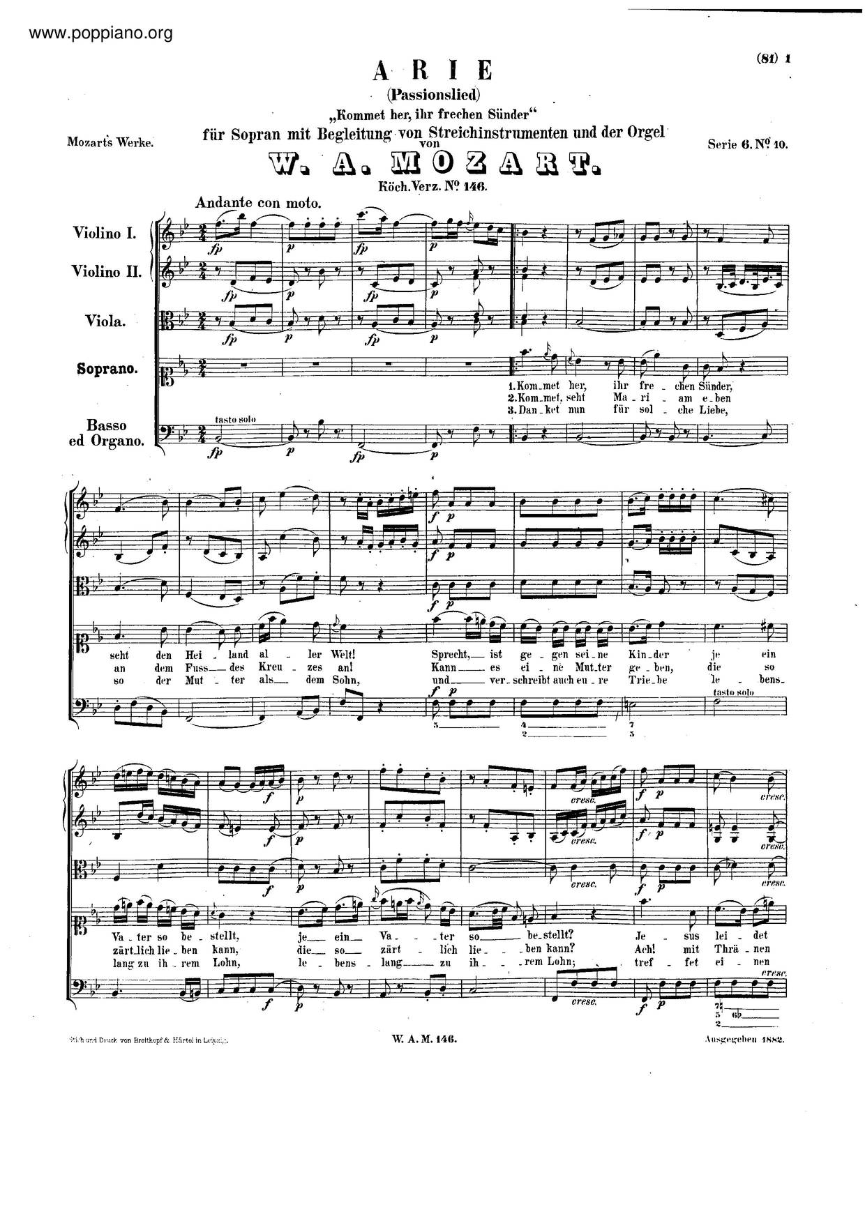 Kommet Her, Ihr Frechen Sünder, K. 146/317Bピアノ譜