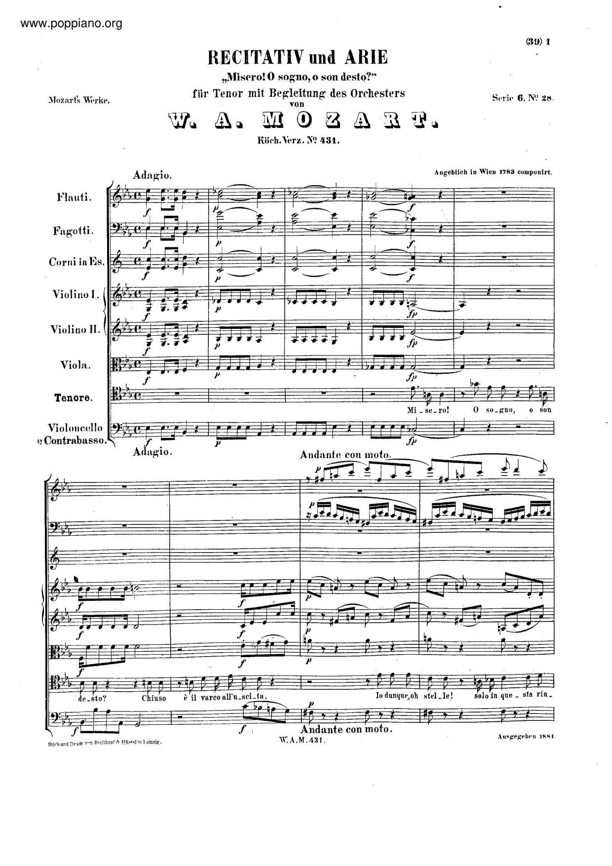 Misero! O Sogno, K. 431/425Bピアノ譜