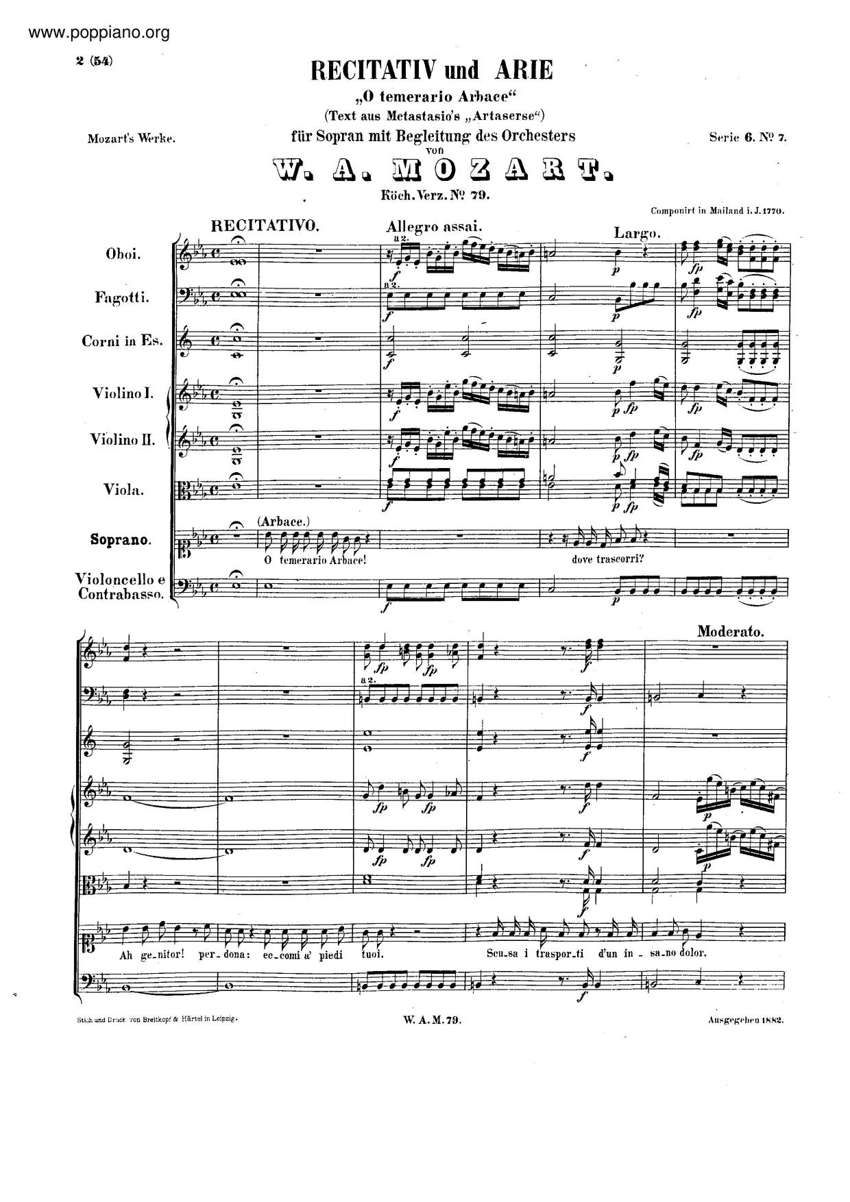 O Temerario Arbace, K. 79/73D琴譜