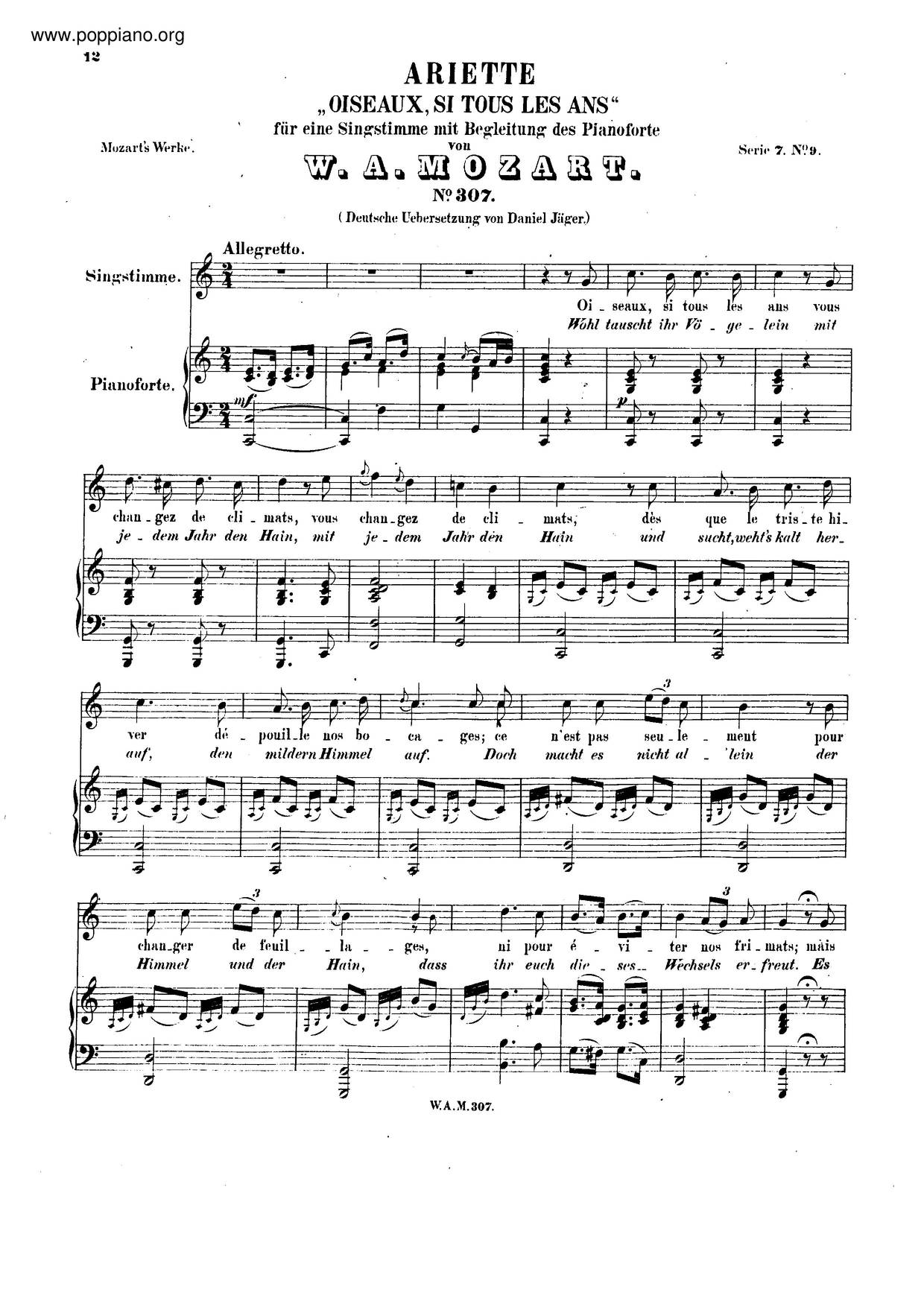 Oiseaux, Si Tous Les Ans, K. 307/K. 284Dピアノ譜