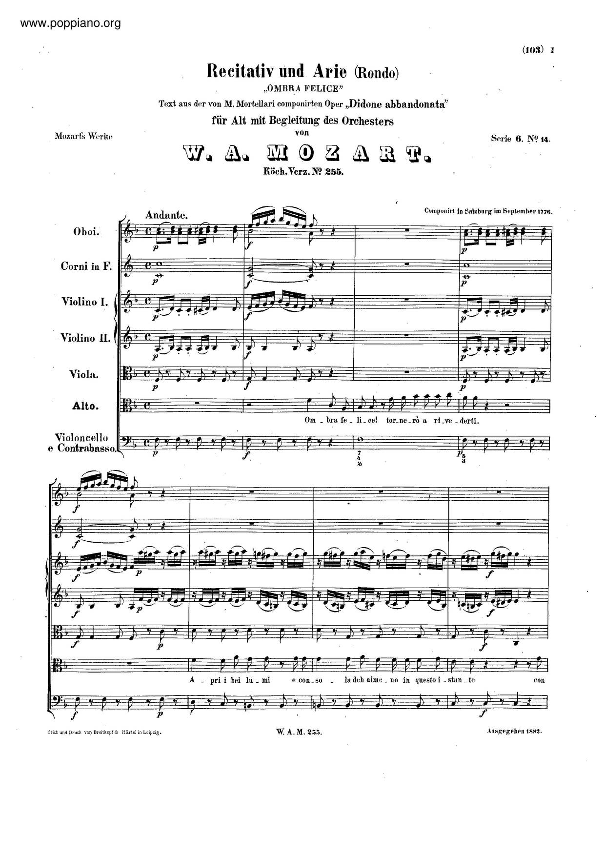 Ombra Felice, K. 255琴譜