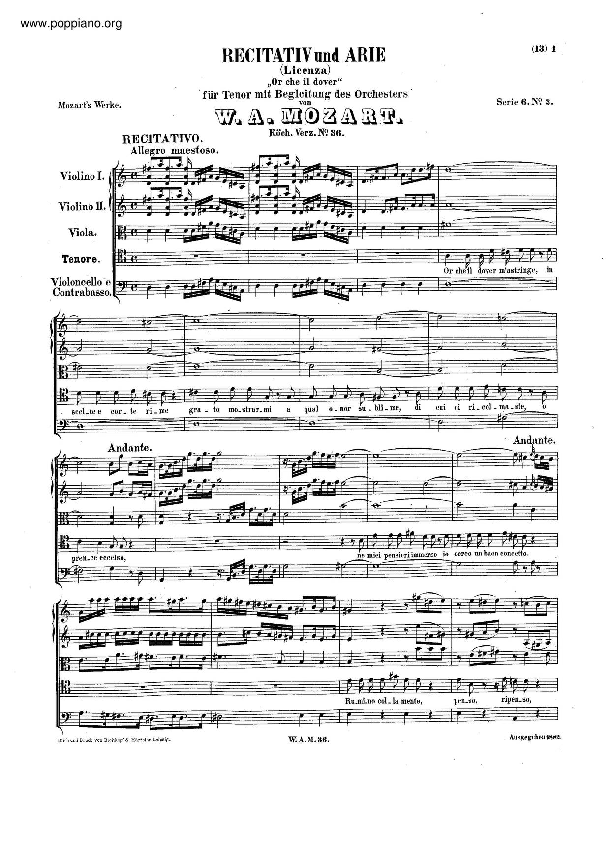 Or Che Il Dover, K. 36/33Iピアノ譜