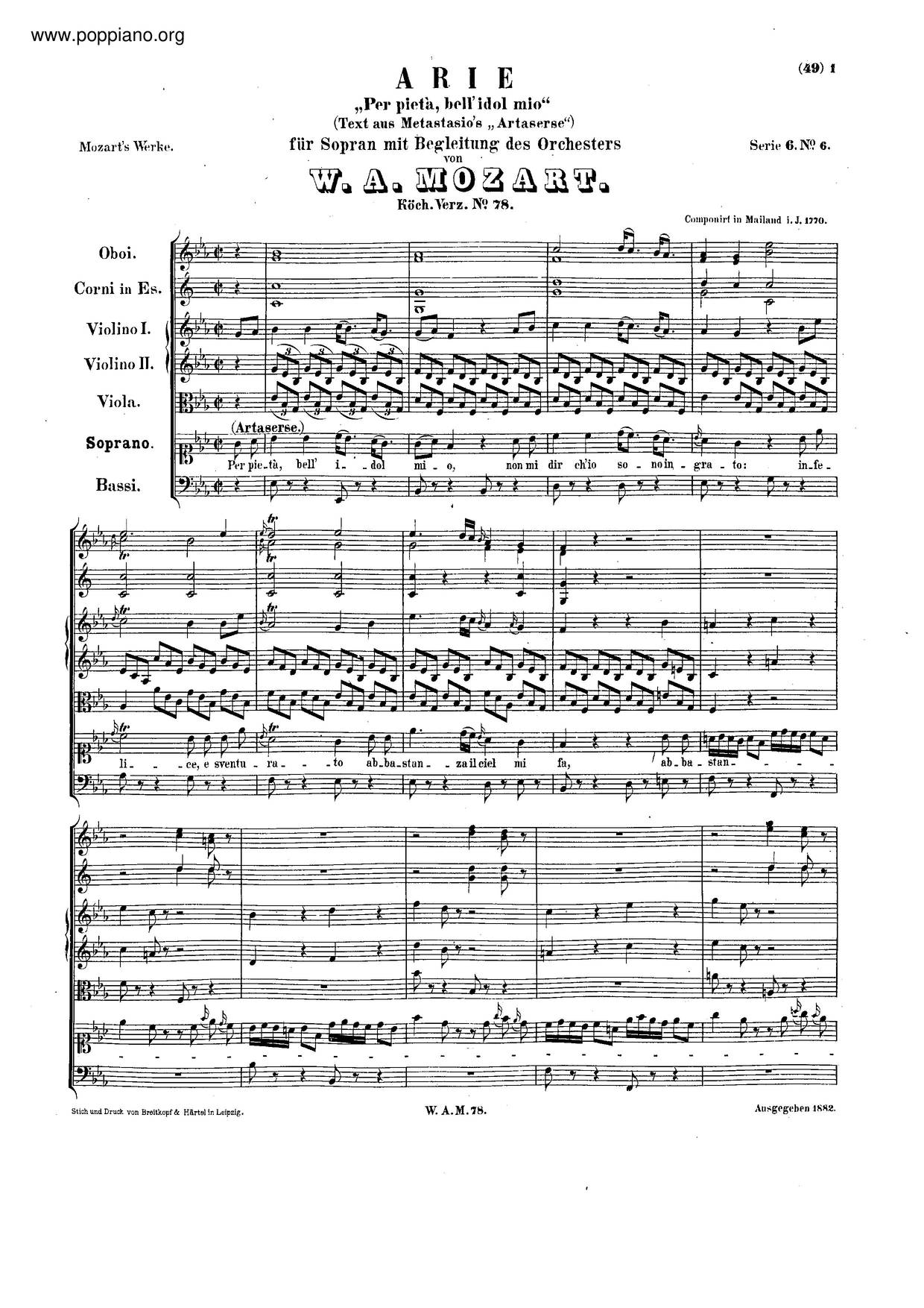 Per Pietà, Bell'idol Mio, K. 78/73Bピアノ譜