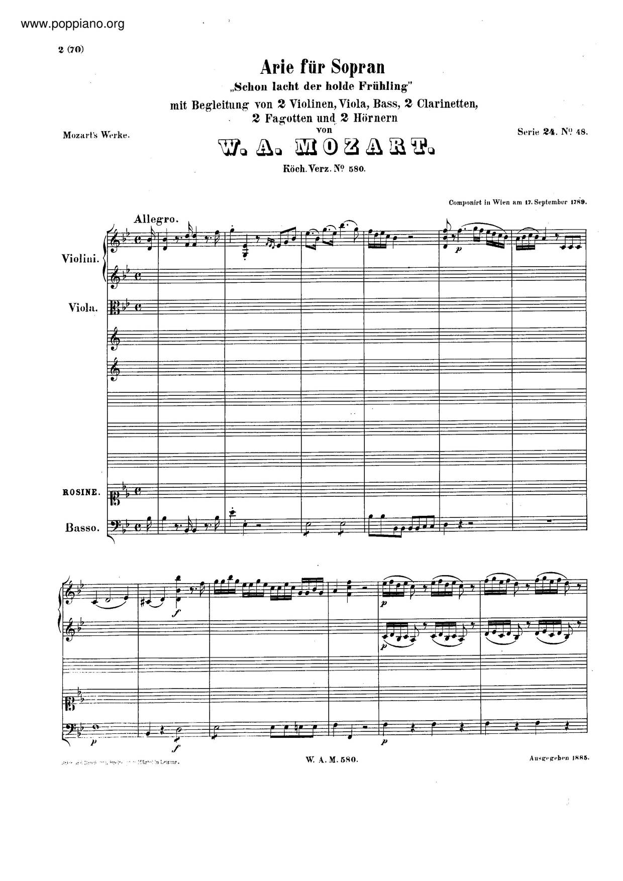 Schon Lacht Der Holde Frühling, K. 580ピアノ譜