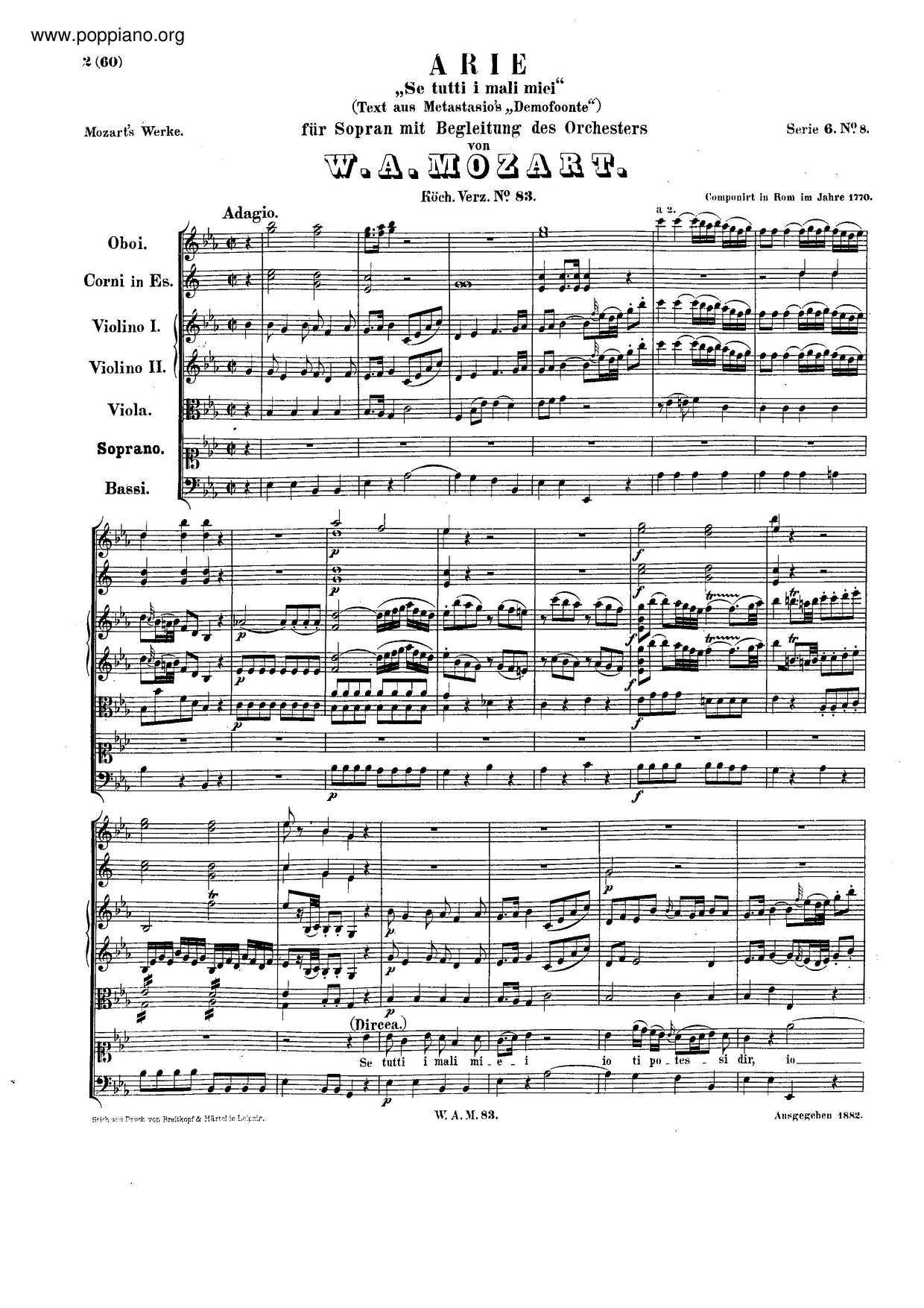 Se Tutti I Mali Miei, K. 83/73P琴譜