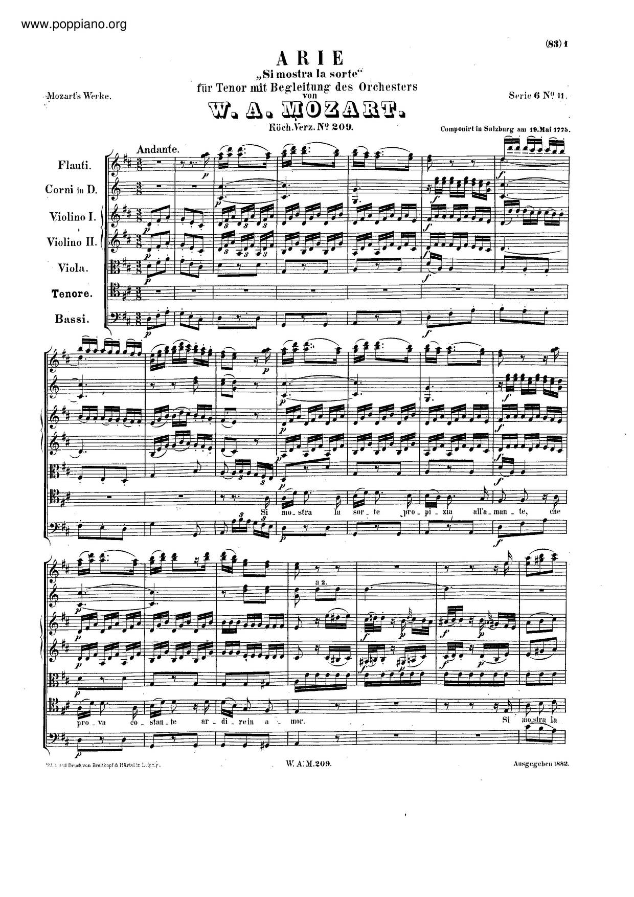 Si Mostra La Sorte, K. 209琴譜