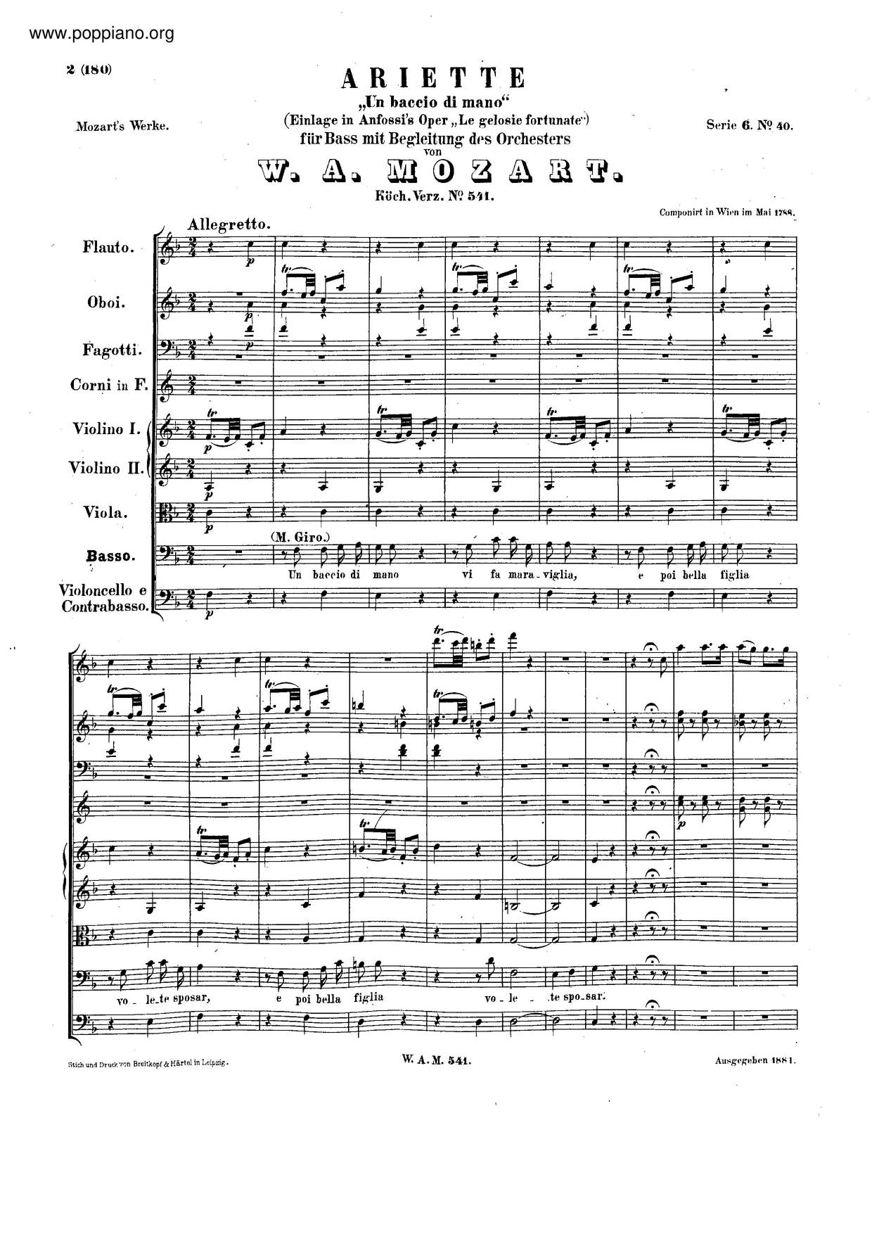 Un Bacio Di Mano, K. 541 Score