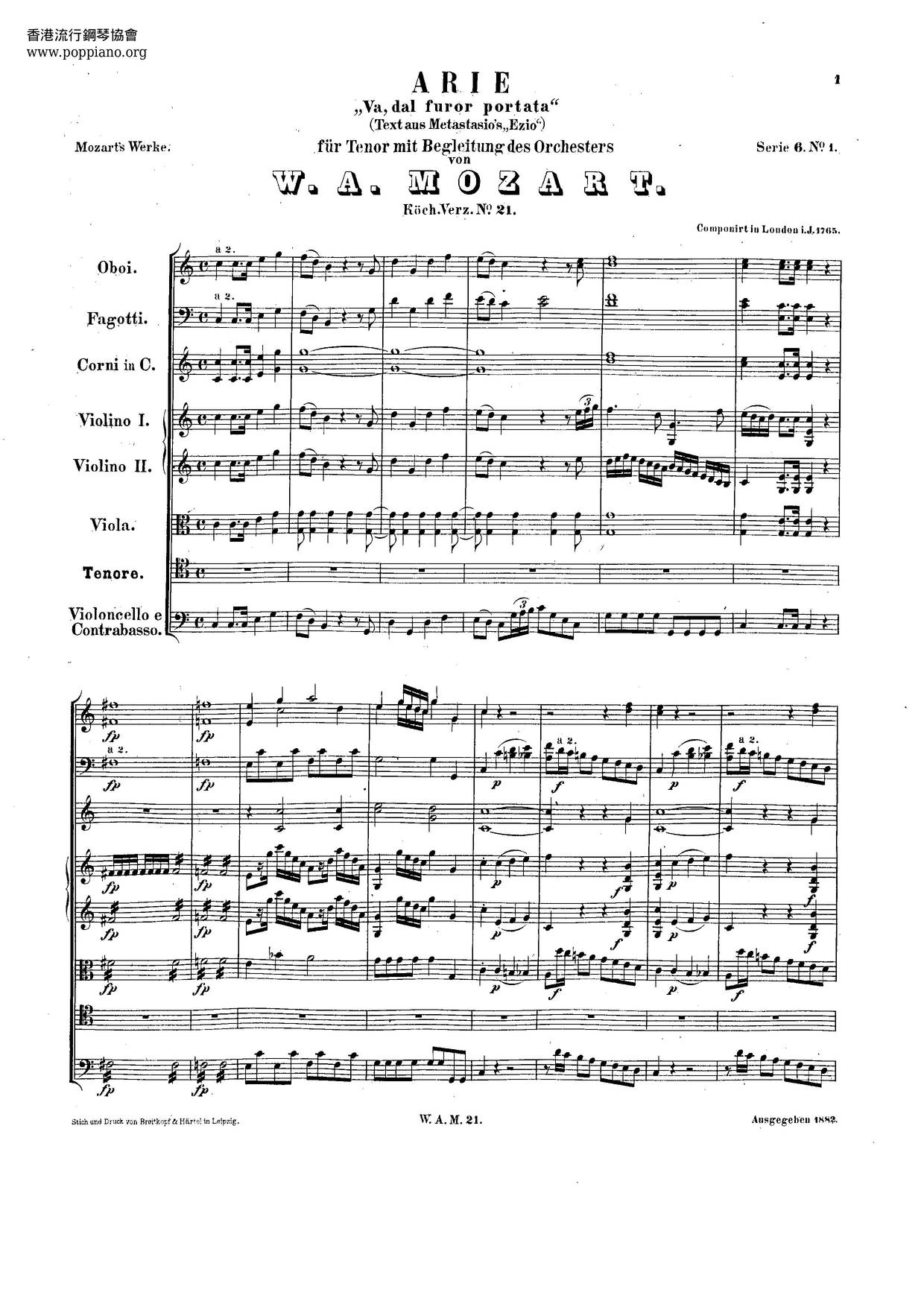Va, Dal Furor Portata, K. 21/19Cピアノ譜