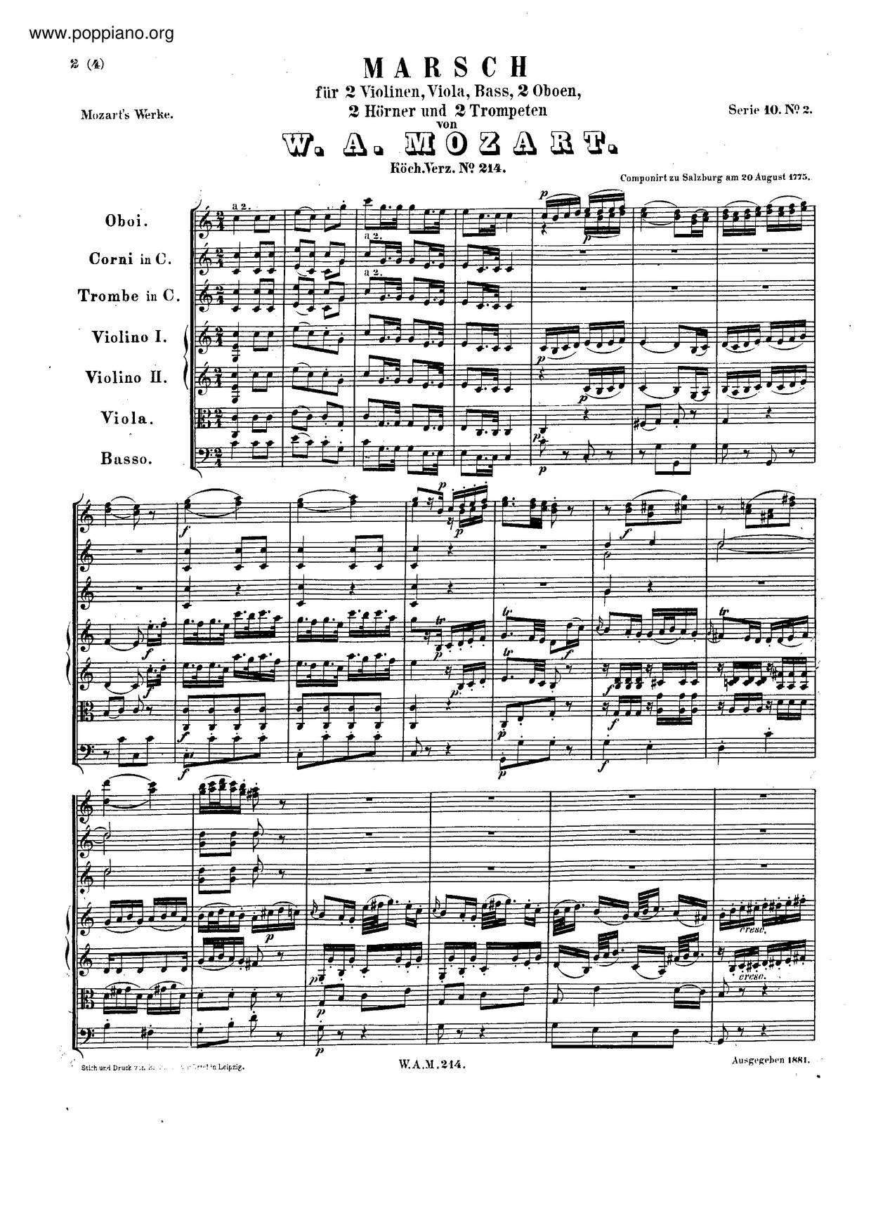 March In C Major, K. 214琴谱