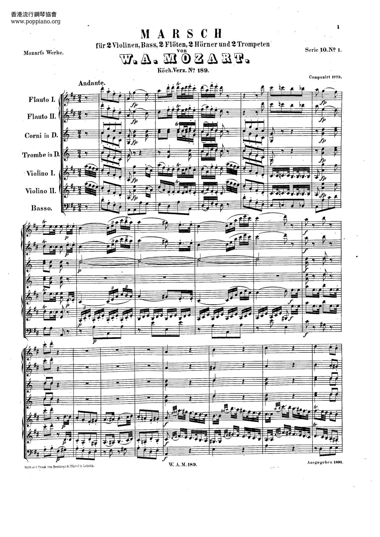 March In D Major, K. 189 Score