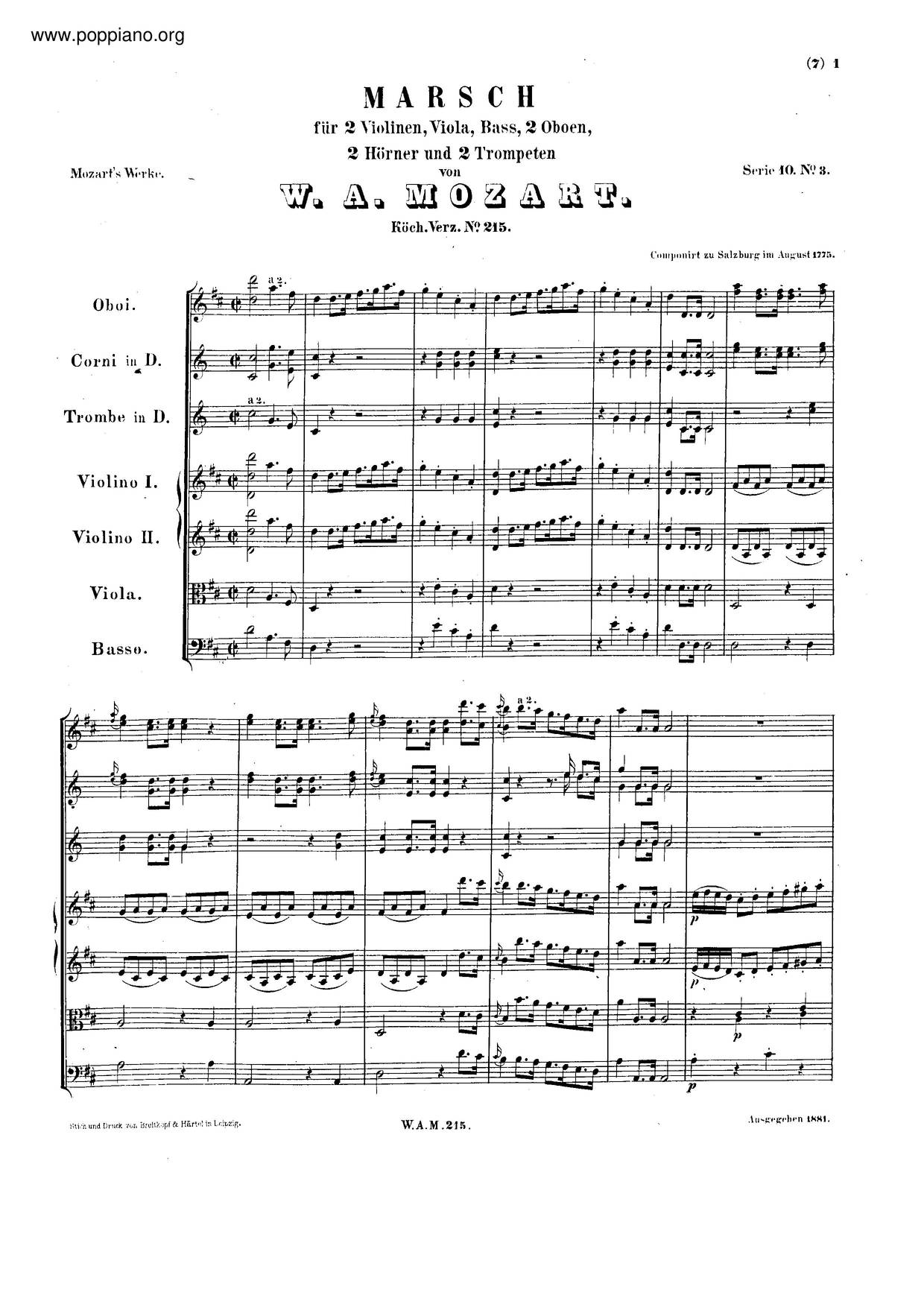 March In D Major, K. 215ピアノ譜