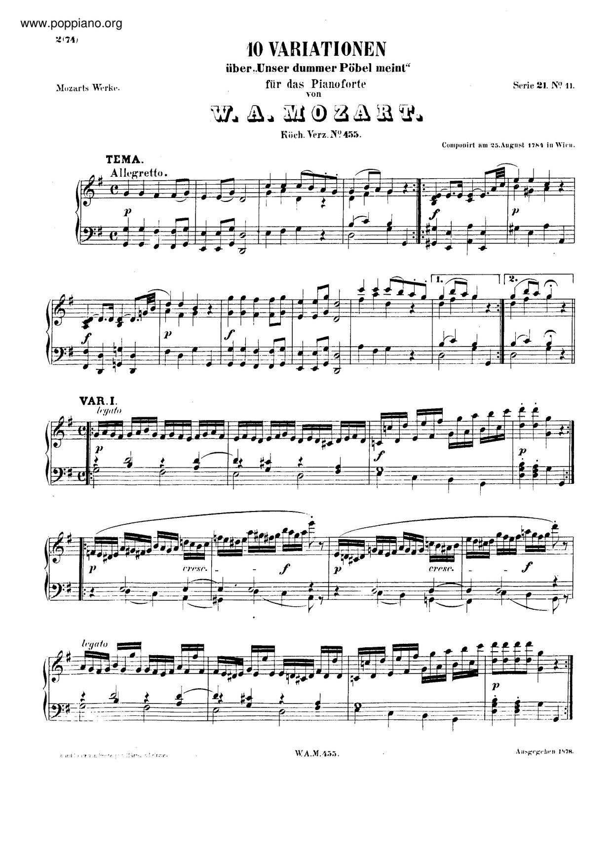 10 Variations On 'Unser Dummer Pöbel Meint', K. 455 Score