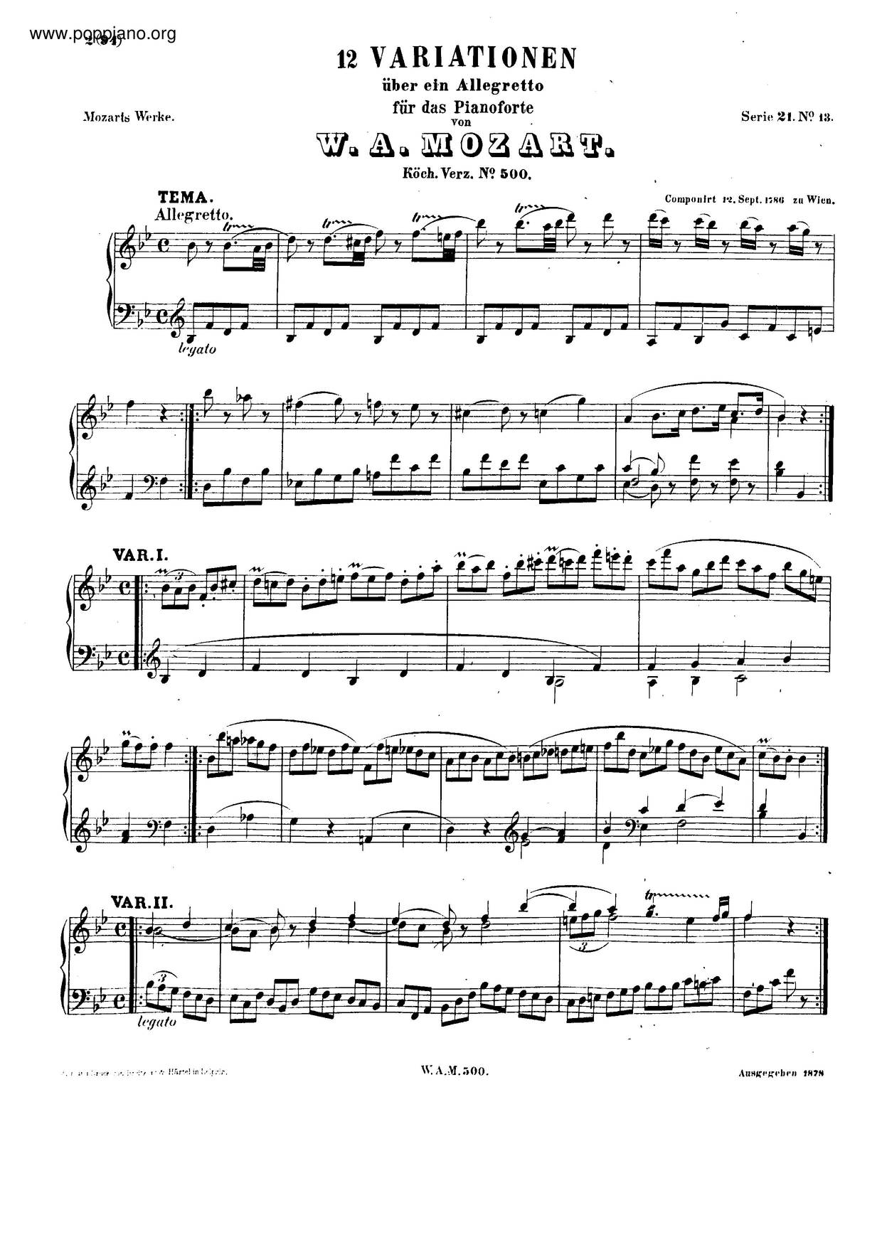 12 Variations In B-Flat Major, K. 500 Score
