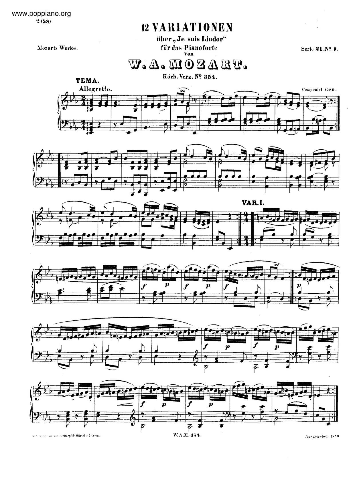 12 Variations On Je Suis Lindor, K. 354/299A Score