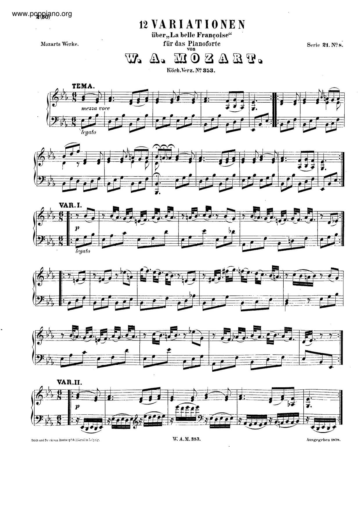 12 Variations On La Belle Françoise, K. 353/300Fピアノ譜