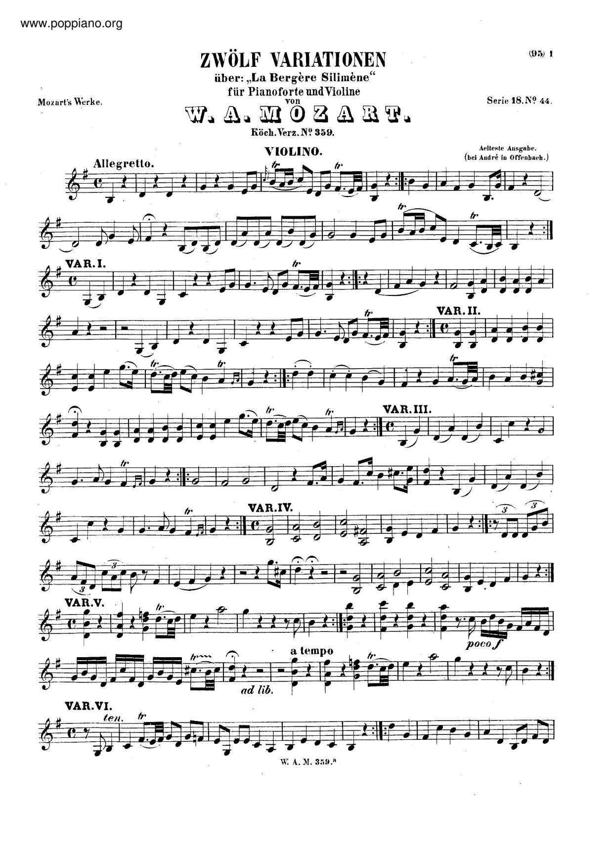 12 Variations On La Bergère Célimène, K. 359/374Aピアノ譜