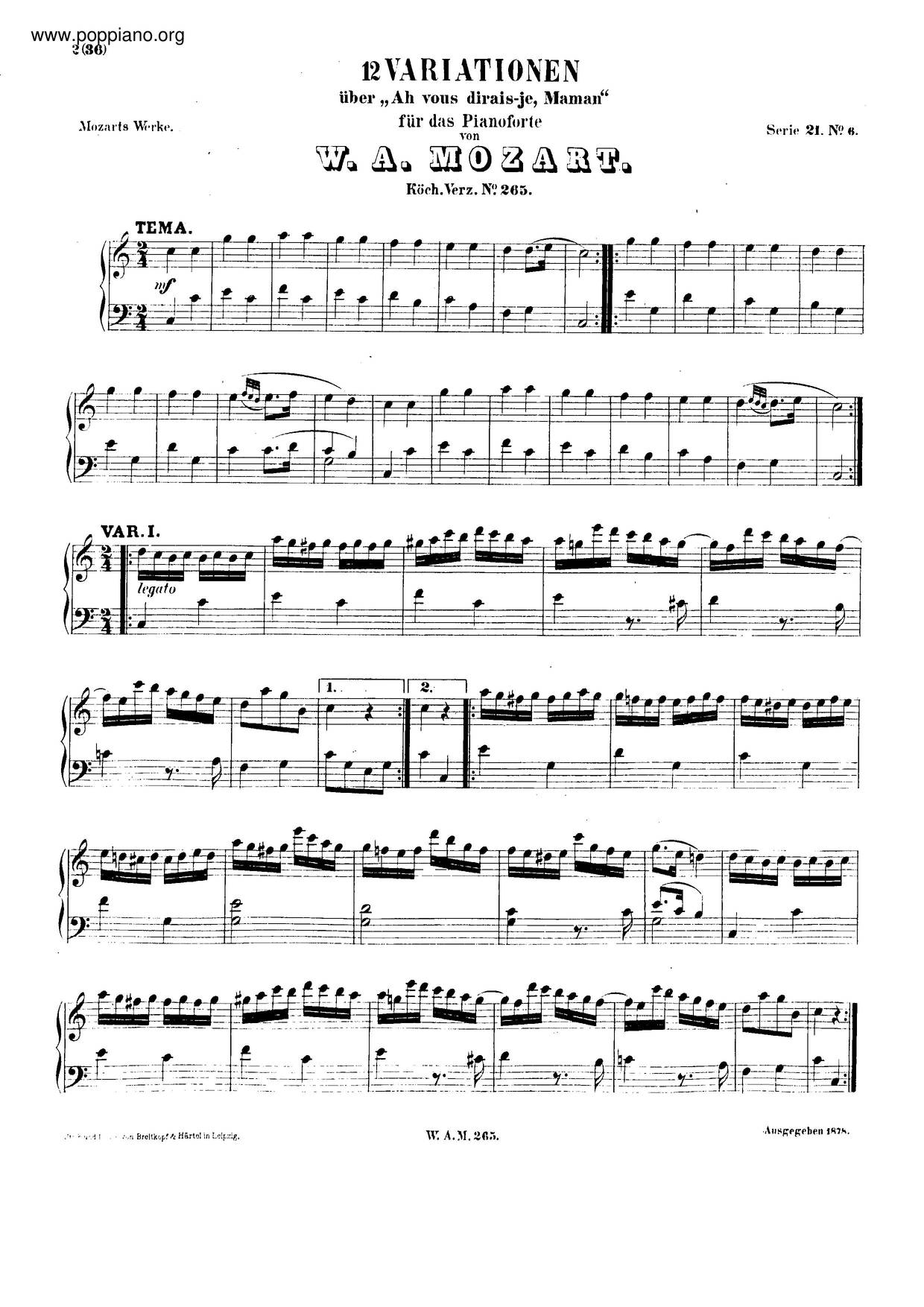 12 Variations On A French Nursery Theme K. 265/300E琴谱