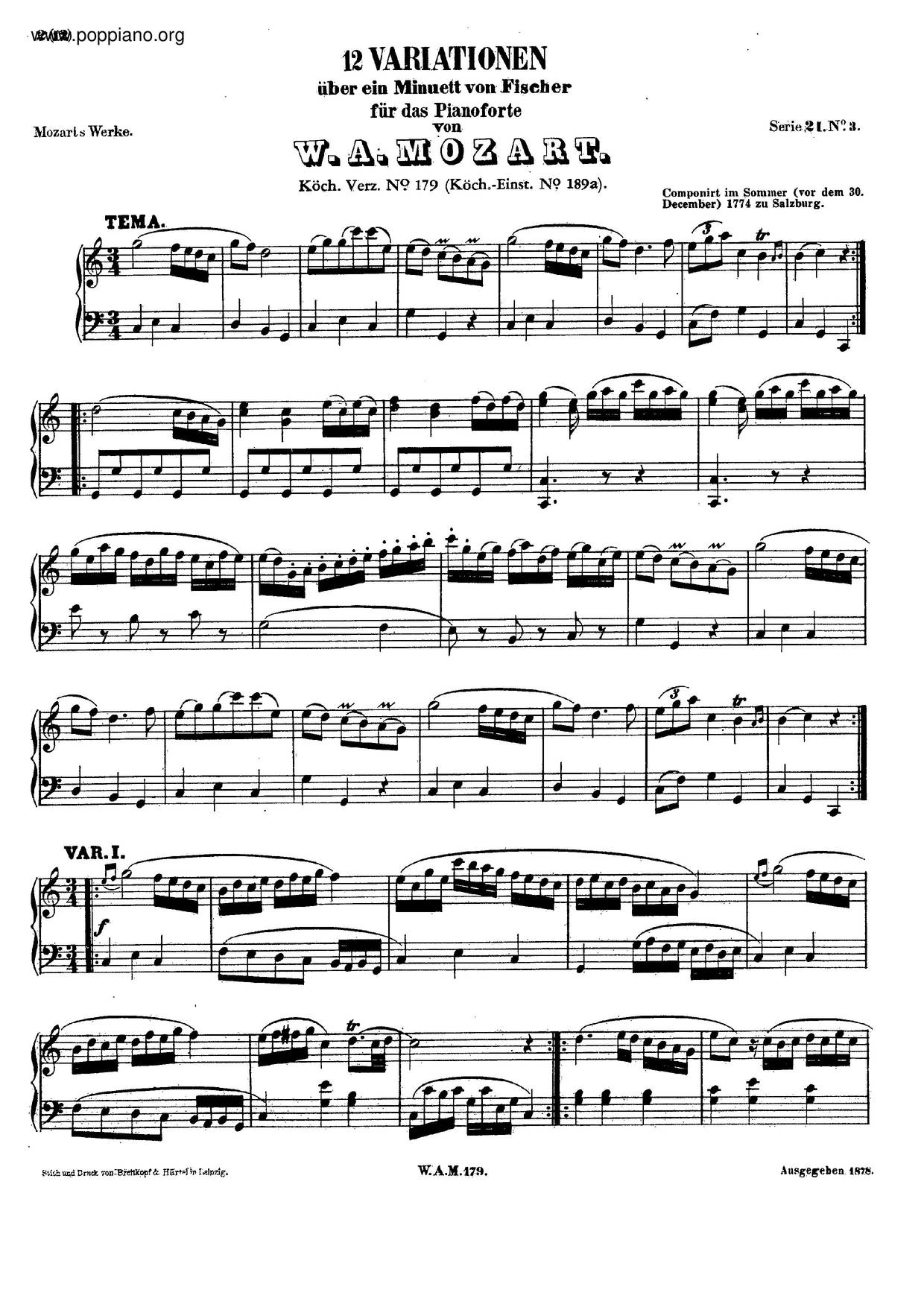 12 Variations On A Minuet By Fischer, K. 179/189Aピアノ譜