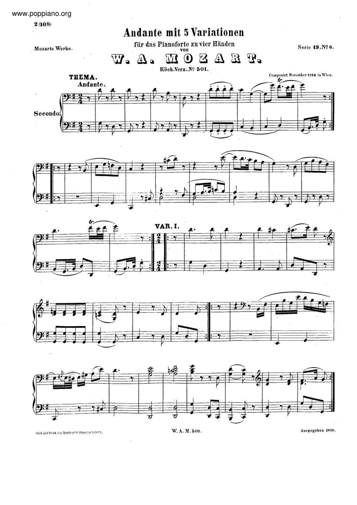 5 Variations In G Major, K. 501 Score
