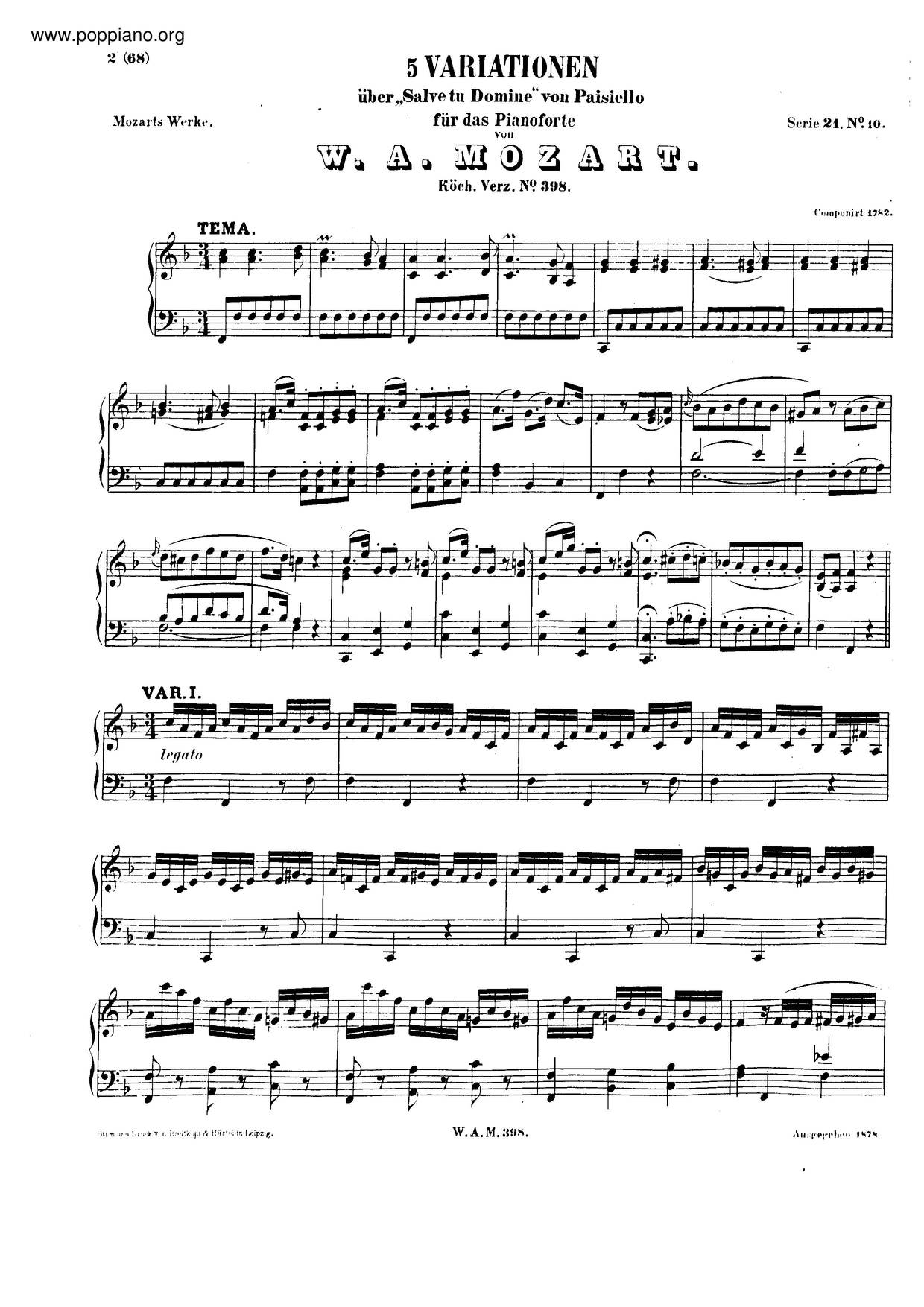 5 Variations On Salve Tu Domine, K. 398/416Eピアノ譜