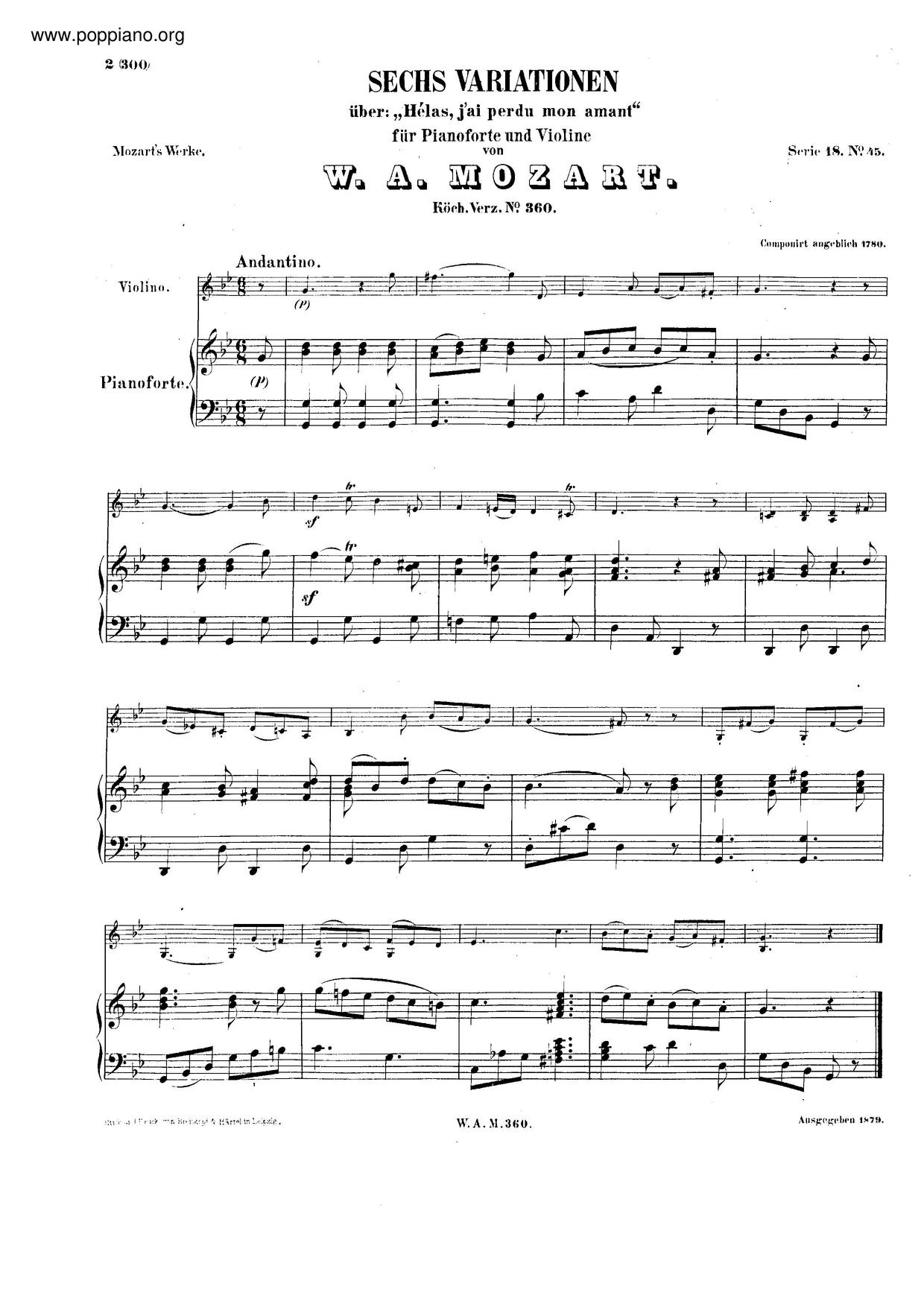 6 Variations On Hélas, J'ai Perdu Mon Amant, K. 360/374Bピアノ譜