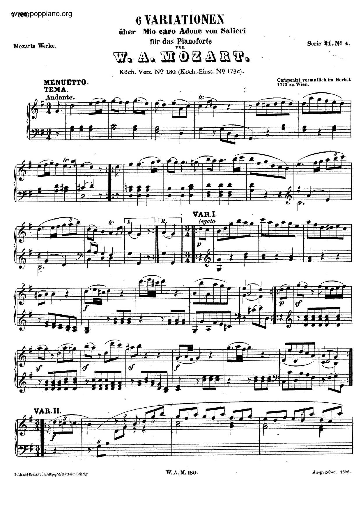 6 Variations On Mio Caro Adone, K. 180/173C琴譜