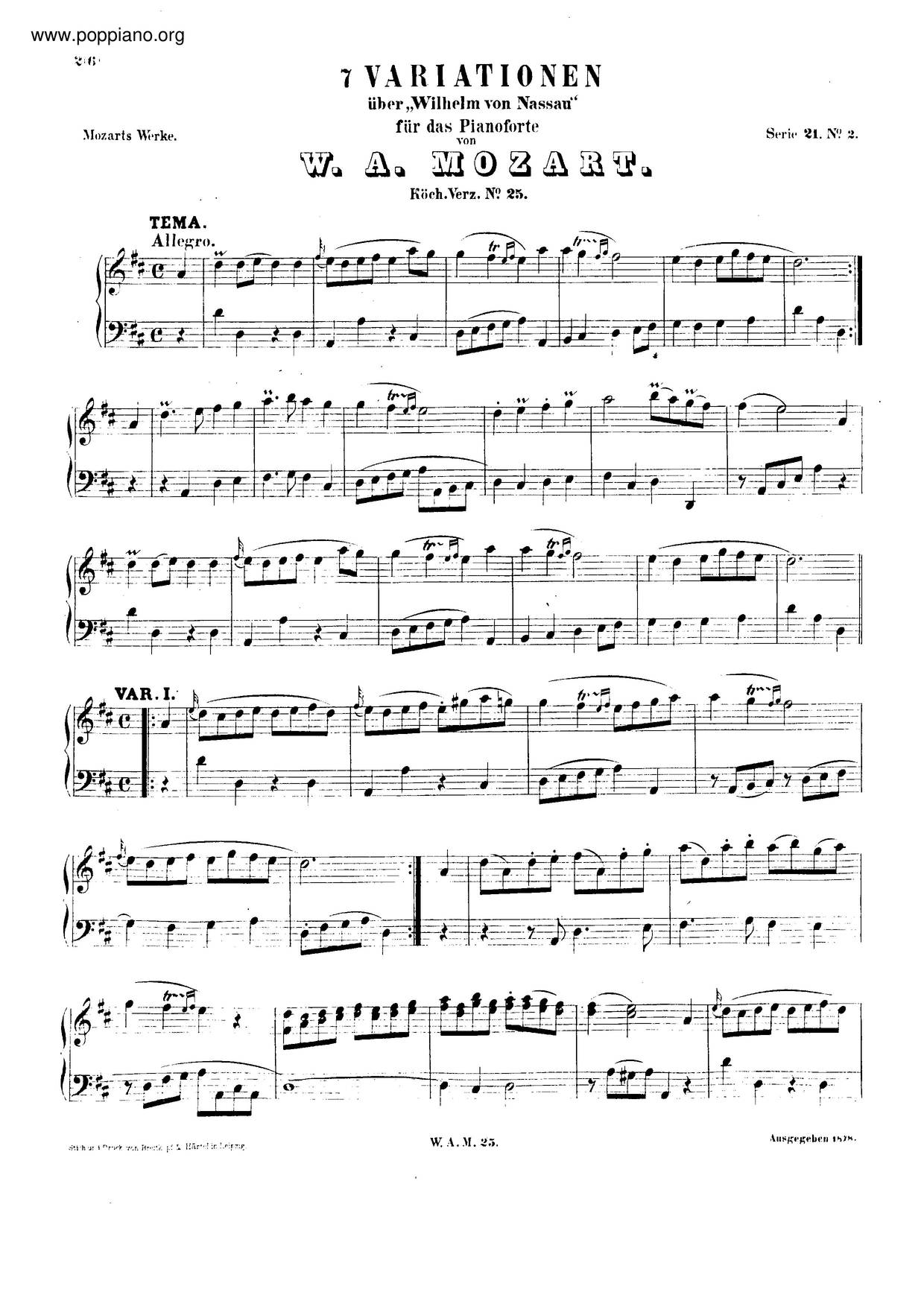 7 Variations On Willem Von Nassau, K. 25ピアノ譜
