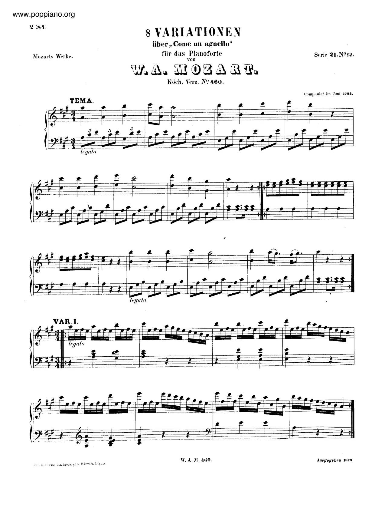 8 Variations On Come Un Agnello, K. 460/454A Score