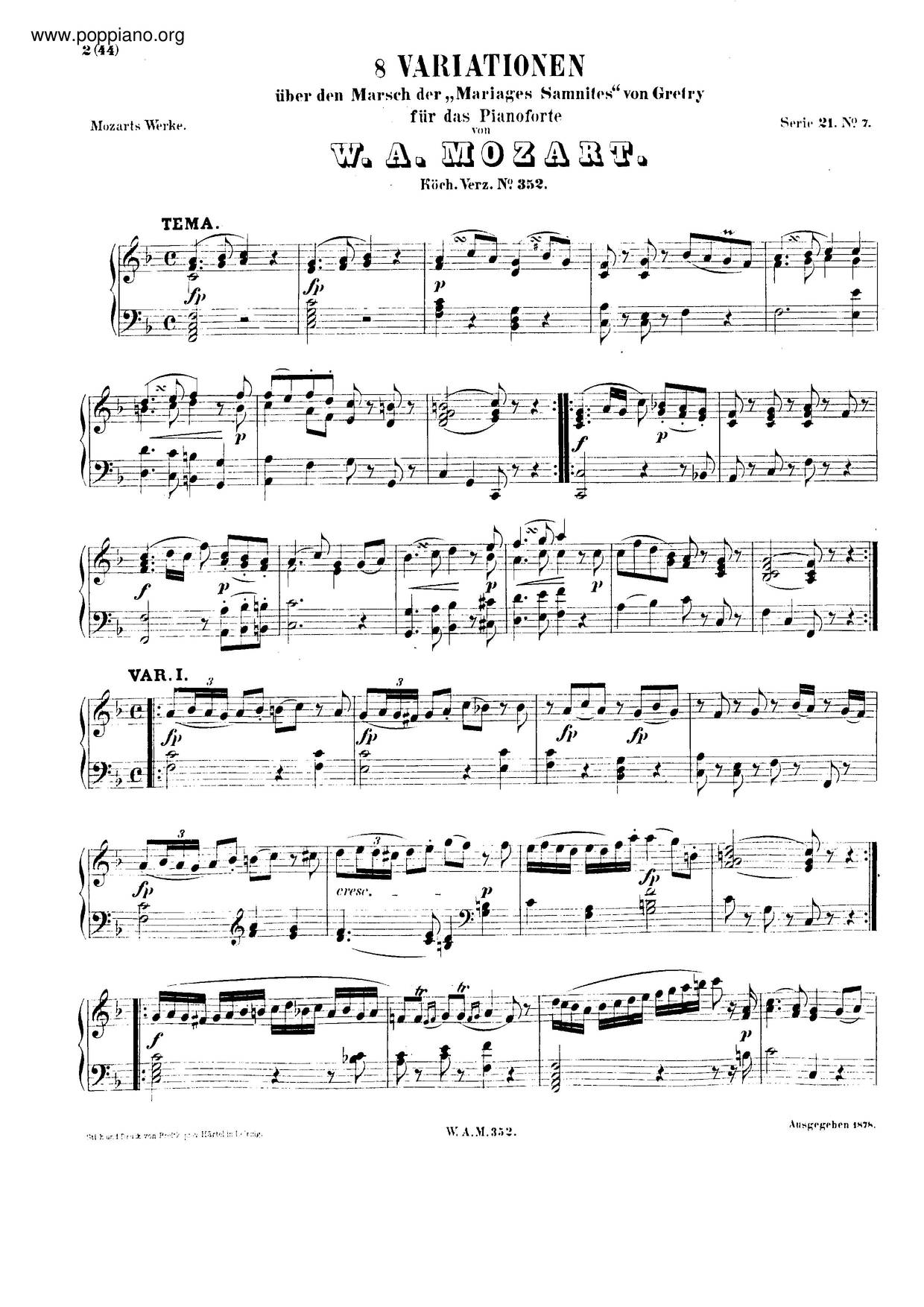 8 Variations On Dieu D'amour, K. 352/374C Score