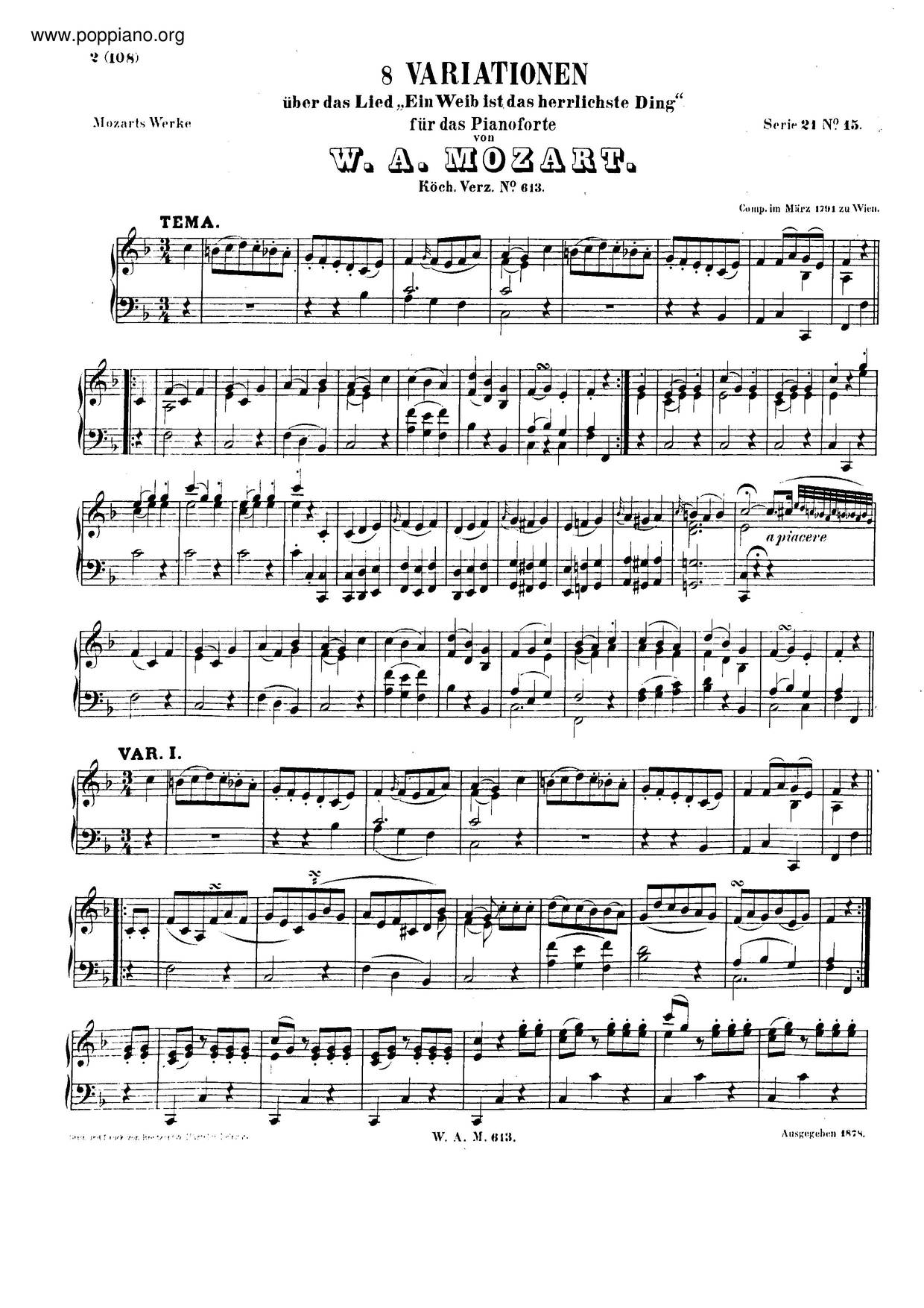 8 Variations On Ein Weib Ist Das Herrlichste Ding, K. 613琴譜