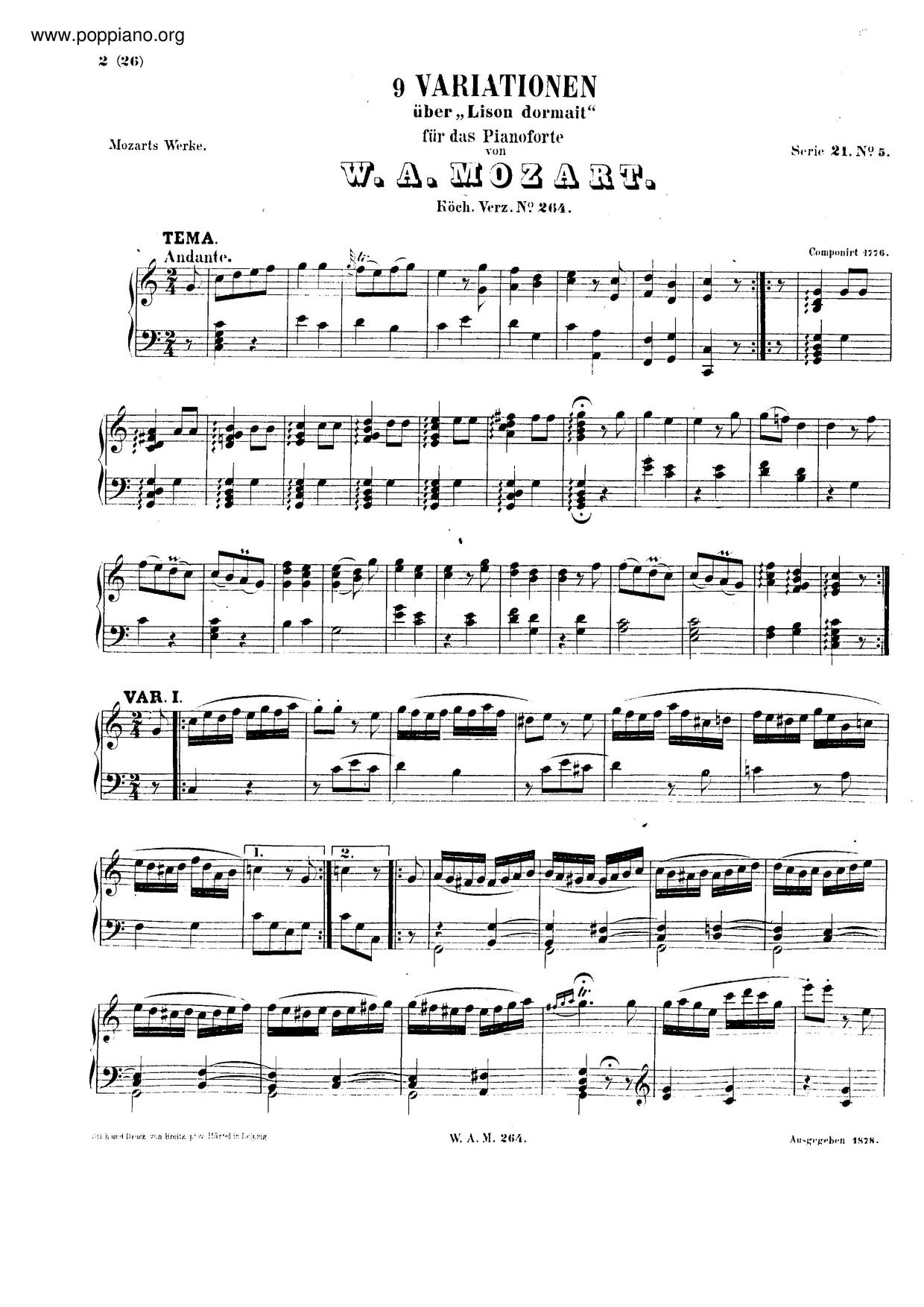 9 Variations On Lison Dormait, K. 264/315D Score