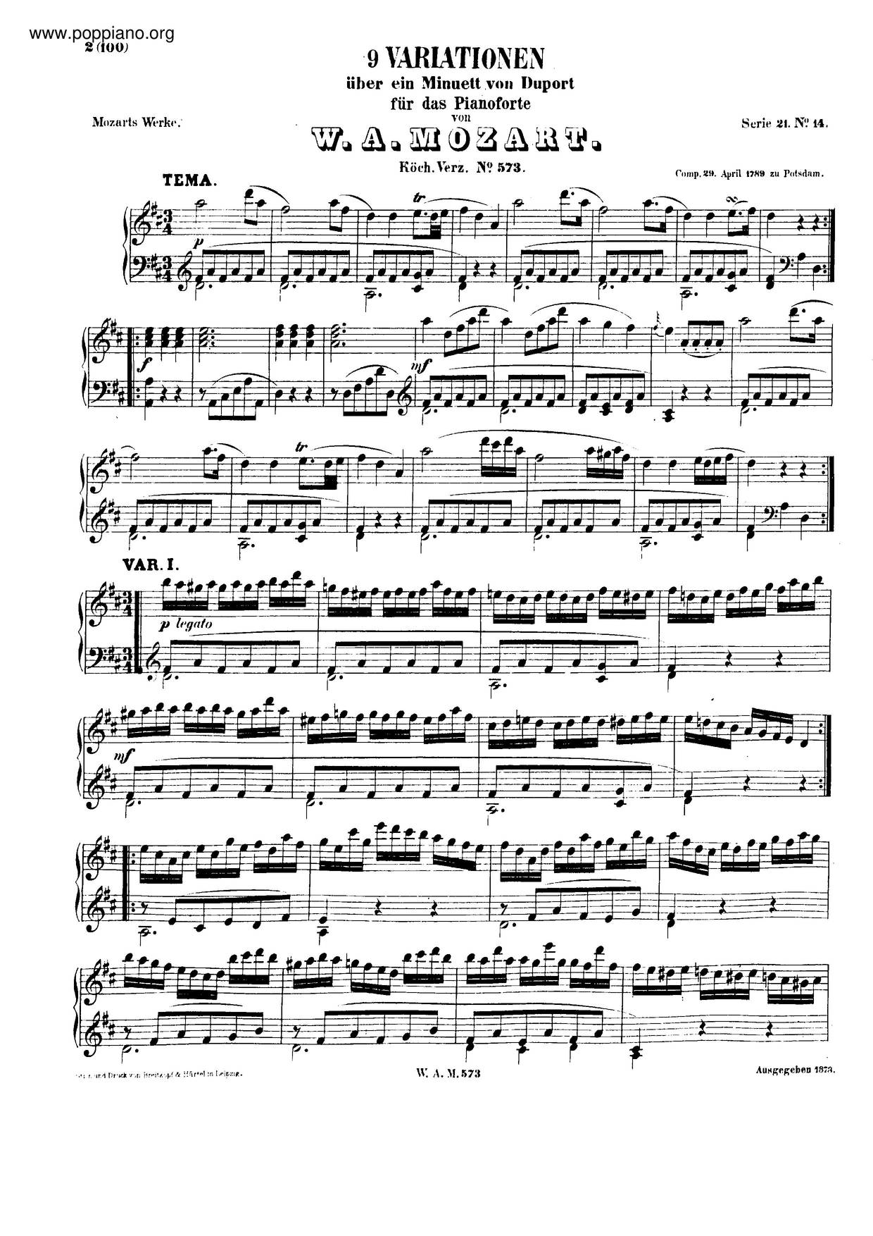 9 Variations On A Minuet By Duport, K. 573 Score