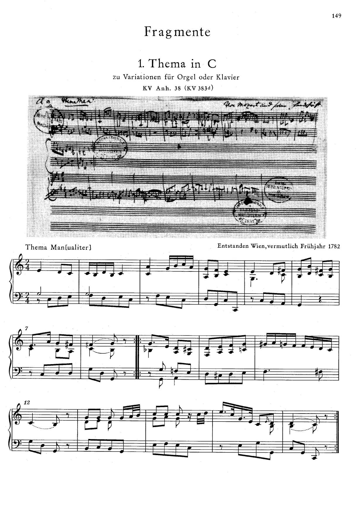 Theme In C Major, K. Anh. 38/383D Score